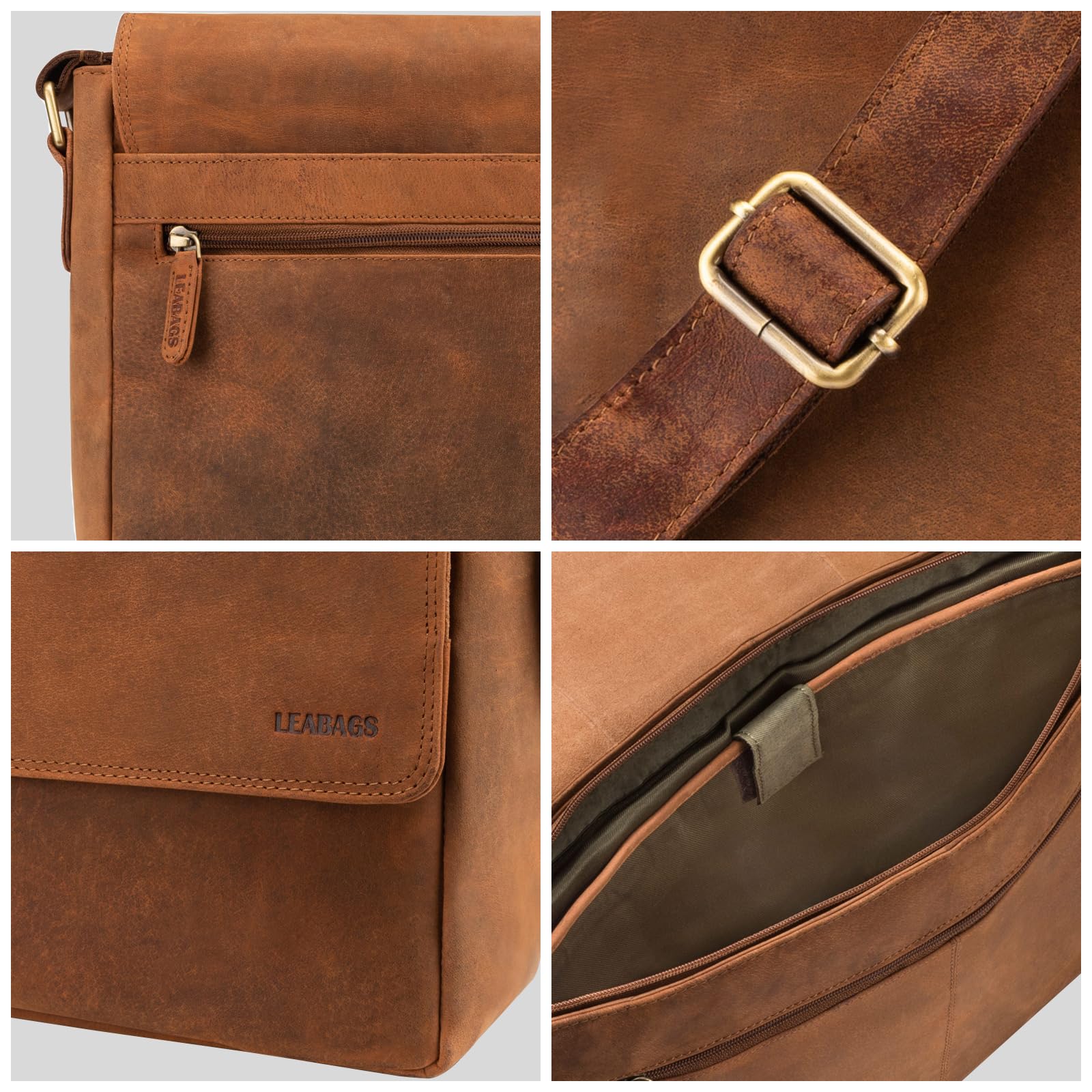 LEABAGS Bolso para Hombres y Mujeres | Bolsa de Portátil 15" | Cuero Genuino | Bolso Bandolera con Correa para el Hombro | Bolsa Mensajera | Bolsa de Trabajo | Bolsa de Maestro