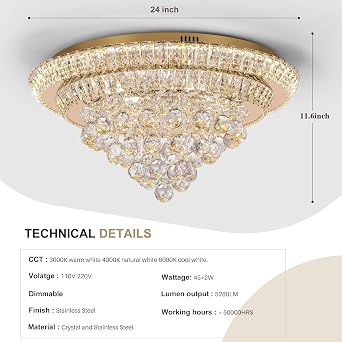 COCOSTAR 24 Gold Crystal Chandeliers, Flush Mount Chandelier LED Ceiling Light, Modern Crystal Raindrop Chandeliers for Dining Room, Living Room, Bedroom