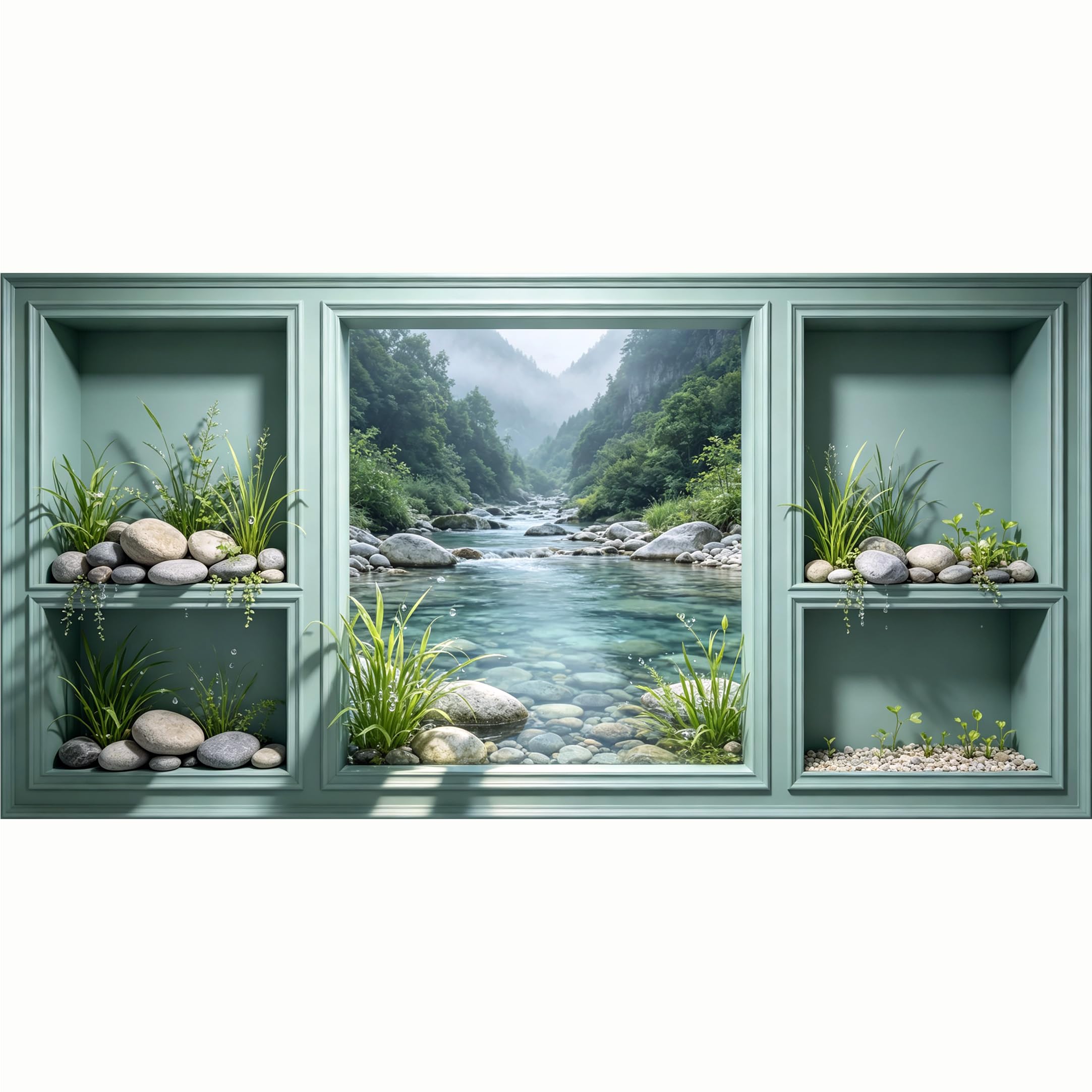 QZLITHOTIC 50x100cm 3D Framed Wall Art， Mountain River Landscape Scenic View SelfAdhesive Mural， WaterActivated Peel & Stick Fabric Decor Wall Decal for Bedroom Living Room