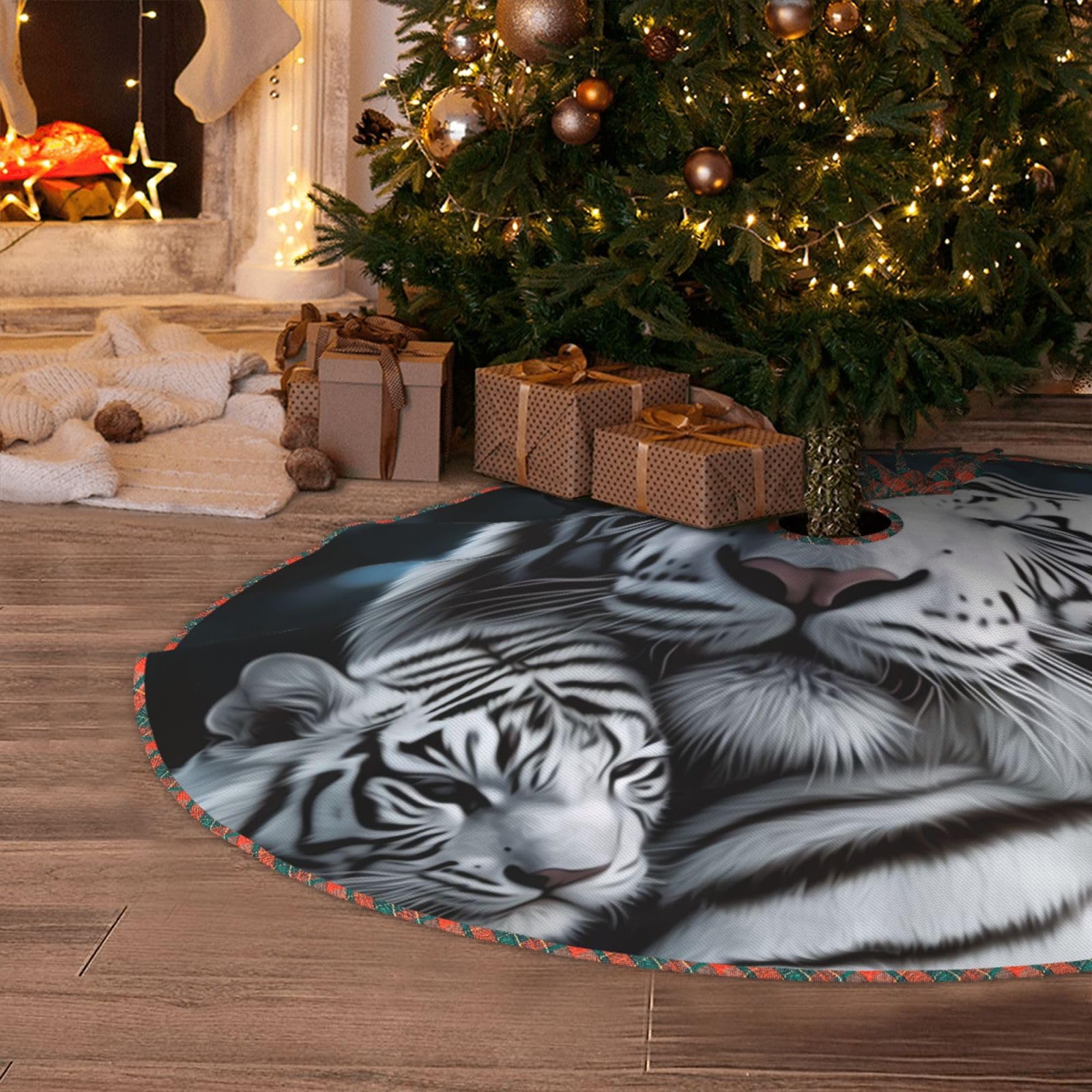 White Tiger Christmas Tree Skirt 48" Artificial Tree Mat Cover Merry Christmas Burlap Xmas Tree Skirt for Christmas Decoration Holiday Indoor Outdoor Winter Party Decor