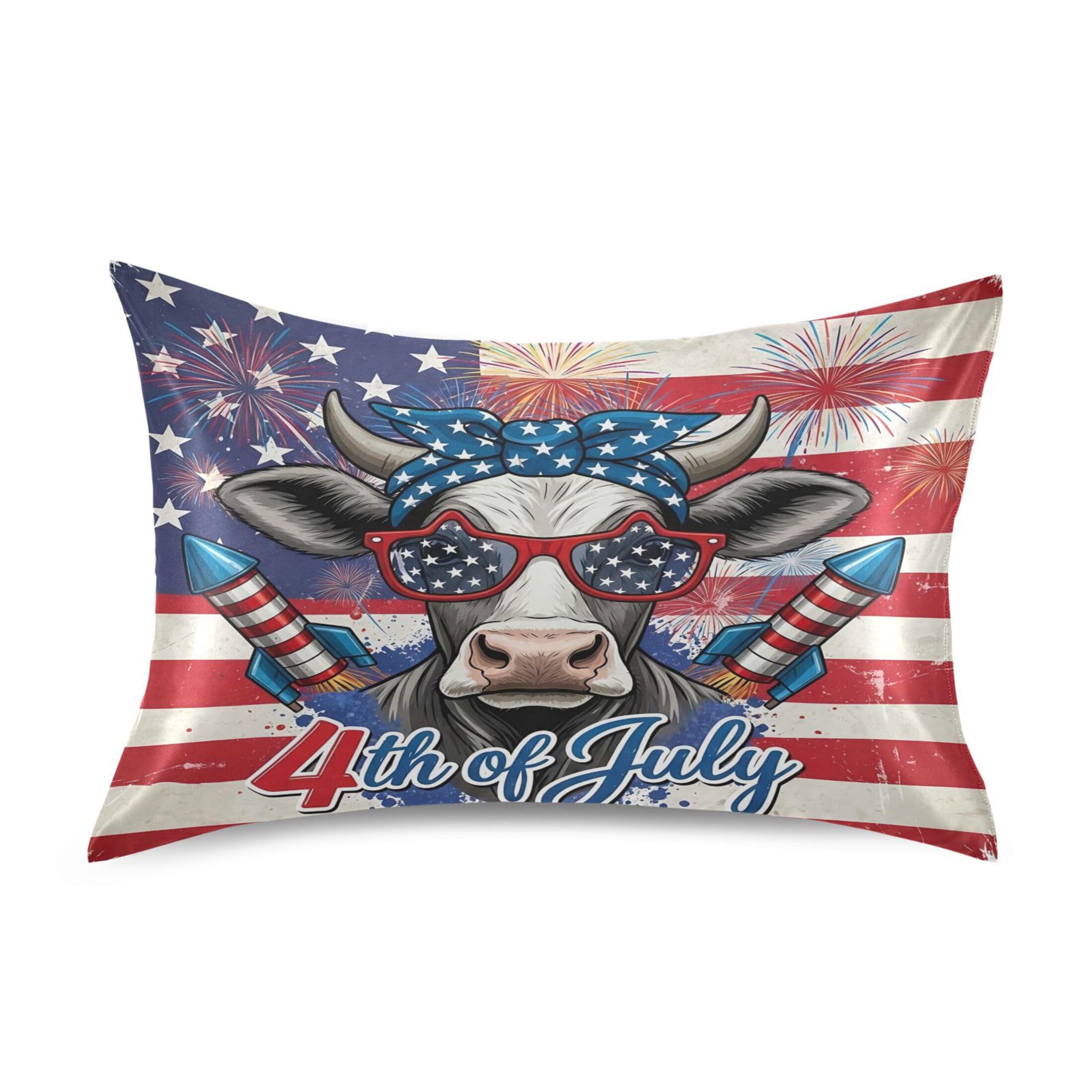 Fuauuyl Pillowcase Queen Size 20x30 in, Independence Day Cow Soft Breathable Satin Pillow Case for Hair and Skin with Envelope Closure Wrinkle-Free