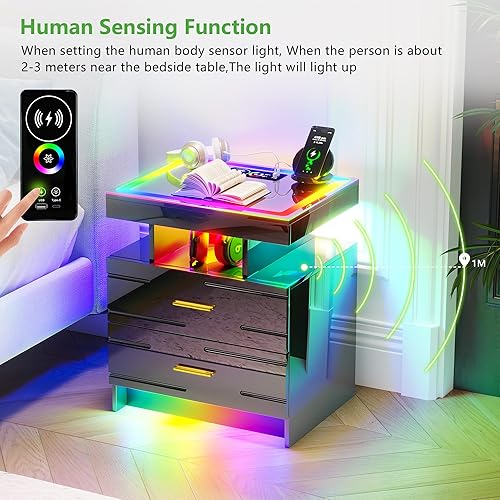 Miniatura 12 de HNEBC Mesita de noche LED, mesita de noche negra con estación de carga, USB + tipo C + carga inalámbrica, mesita de noche inteligente con sensor