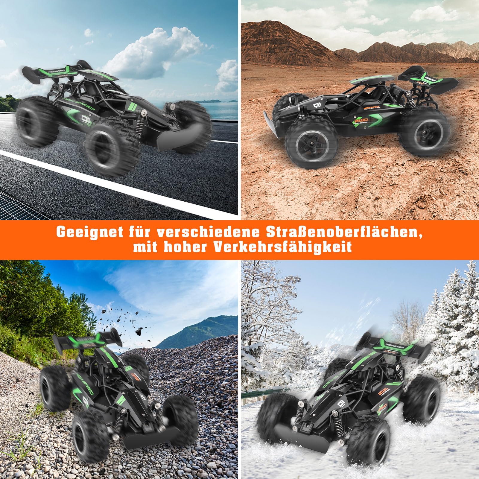 Yabtf Voiture Télécommandée 2.4GHz, Buggy 1:18 20km/h, Jouet Hors Route 40m, Rechargeable 2WD (Vert)