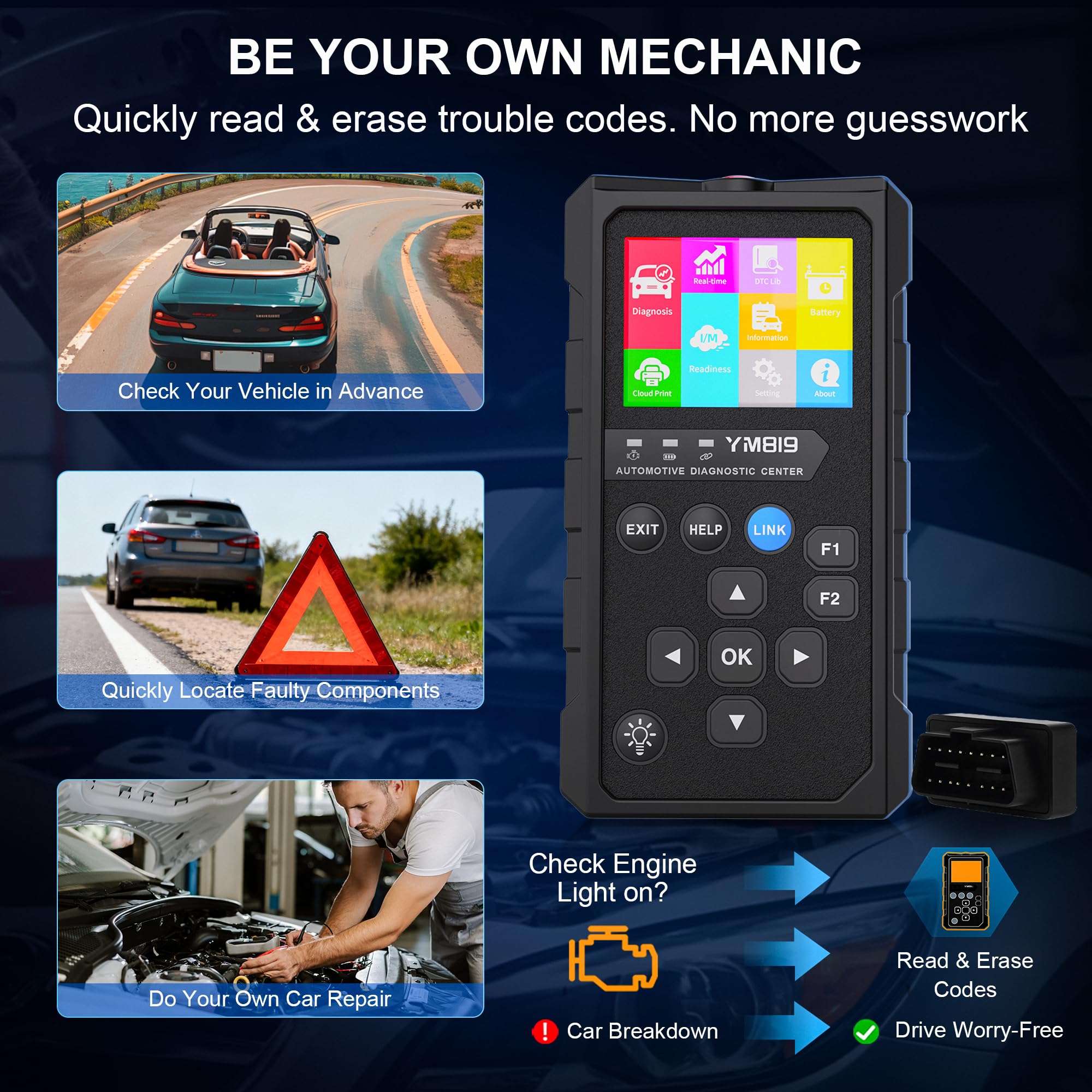 OBD2 Scanner Bluetooth Codeleser, Wireless OBDii Auto Diagnosegerät für Check Engine Light, I/M Bereitschaft, Batterie & Leistungstest, Löscht Fehlercodes für alle OBD II Protokoll Fahrzeuge seit 1996