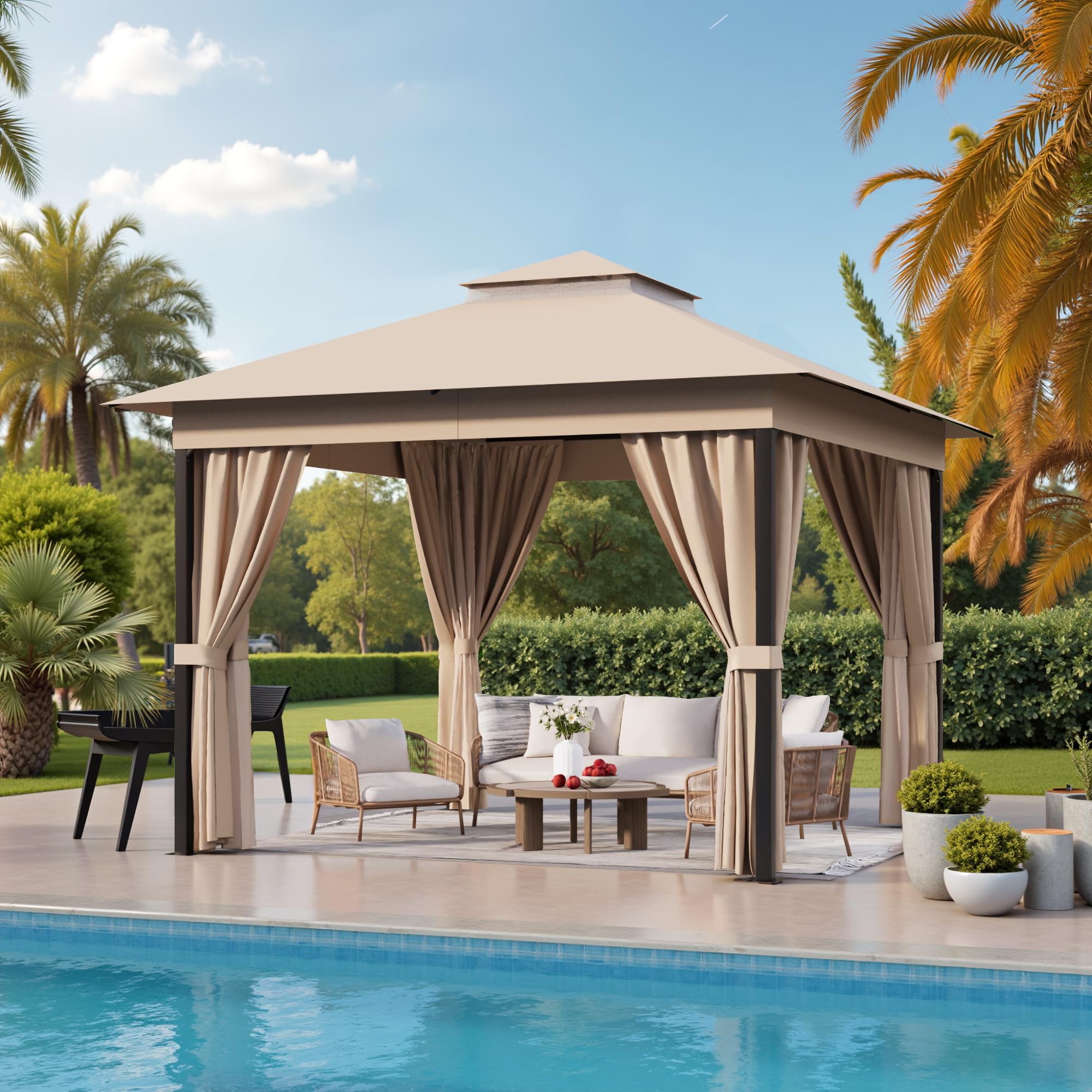 Photo 1 of **Missing Box 2 and 3**Devoko Outdoor 10'x 10' Gazebo,Large Soft Top Deck Gazebo with Mosquito Netting, Heavy Duty Metal Frame Canopy with Expansion Bolts and Double Roofs?Party Tent & Shelte for Backyard, Garden (Beige)