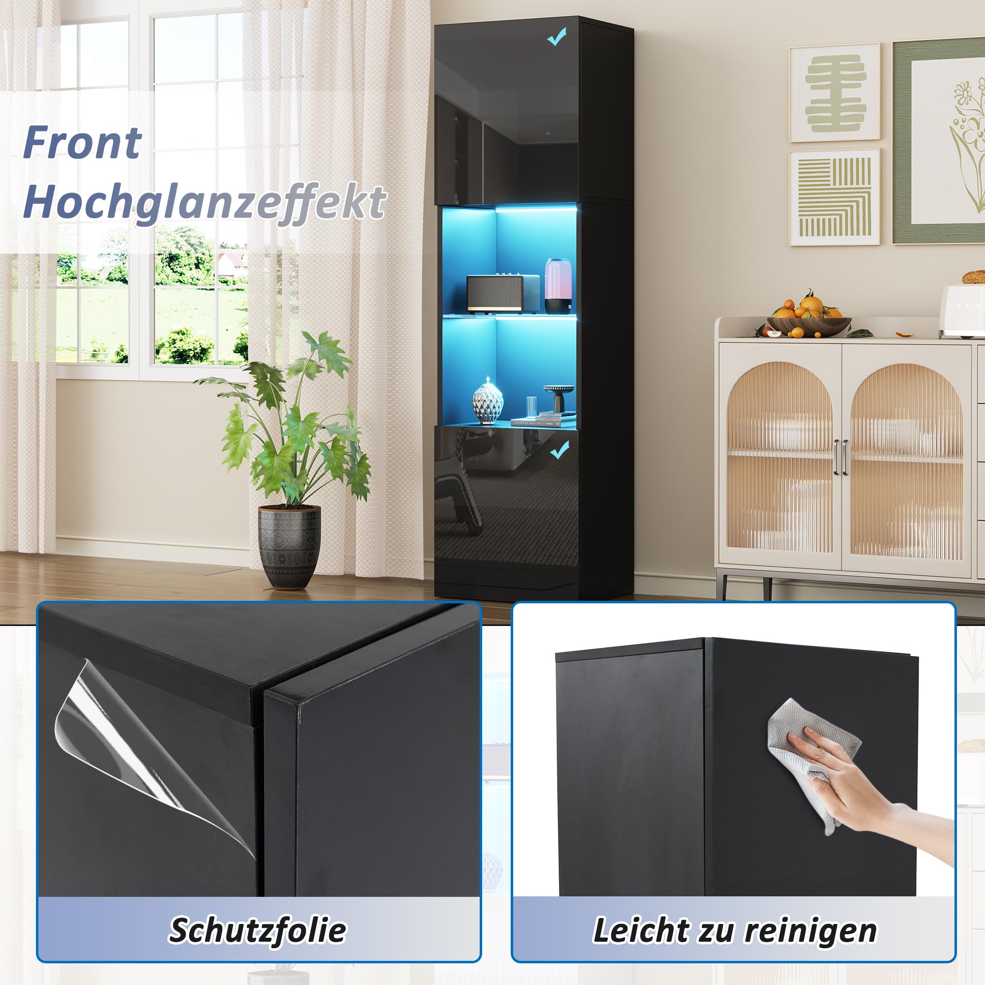 Merax Vitrinenschrank 160cm, Glasvitrine mit LED-Beleuchtung, Schwarz Hochglanz - Moderne Kommode mit viel Stauraum, Bücherschrank Hochschrank Highboard, Schrank für Wohnzimmer Küche Esszimmer Büro