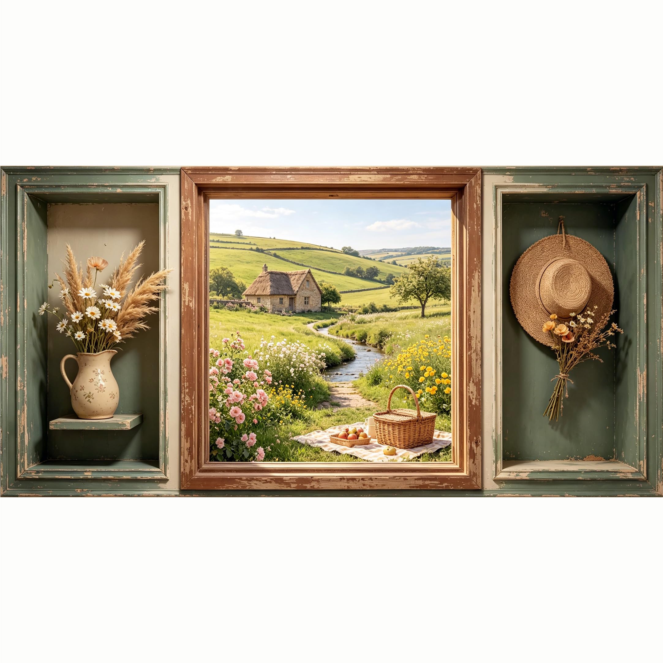 QZLITHOTIC 50x100cm 3D Framed Wall Art， Farmhouse Countryside Cottage Landscape Self‑Adhesive Mural， Water‑Activated Peel & Stick Fabric Decor Wall Decal for Bedroom Living Room