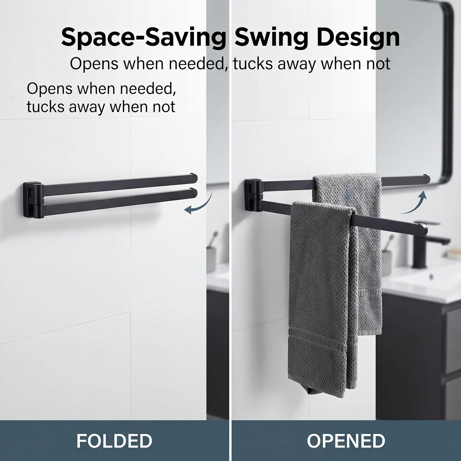 BGL Swivel Towel Bar Two Arms Wall Mount Towel Hanger Holder for Bathroom Organizer（Darker Black）