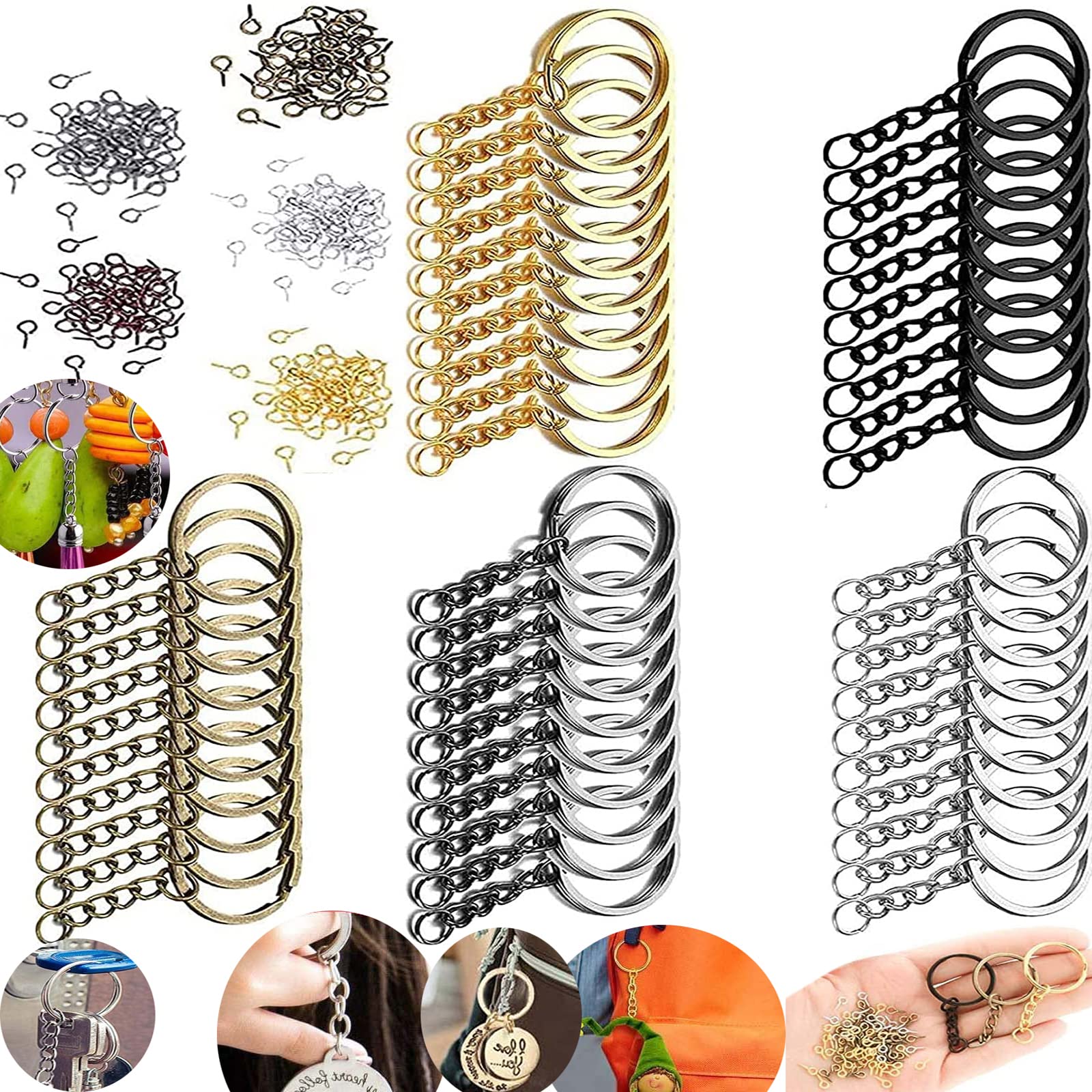 DIY Crafts (1 Pc, Gold) Split Key Ring with Chain Set, Metal Flat Keychain Rings 1 Inch with Open Jump Rings and Screw Eye Pins Bulk, Colors, for Resin Jewelry Making DNo# 3