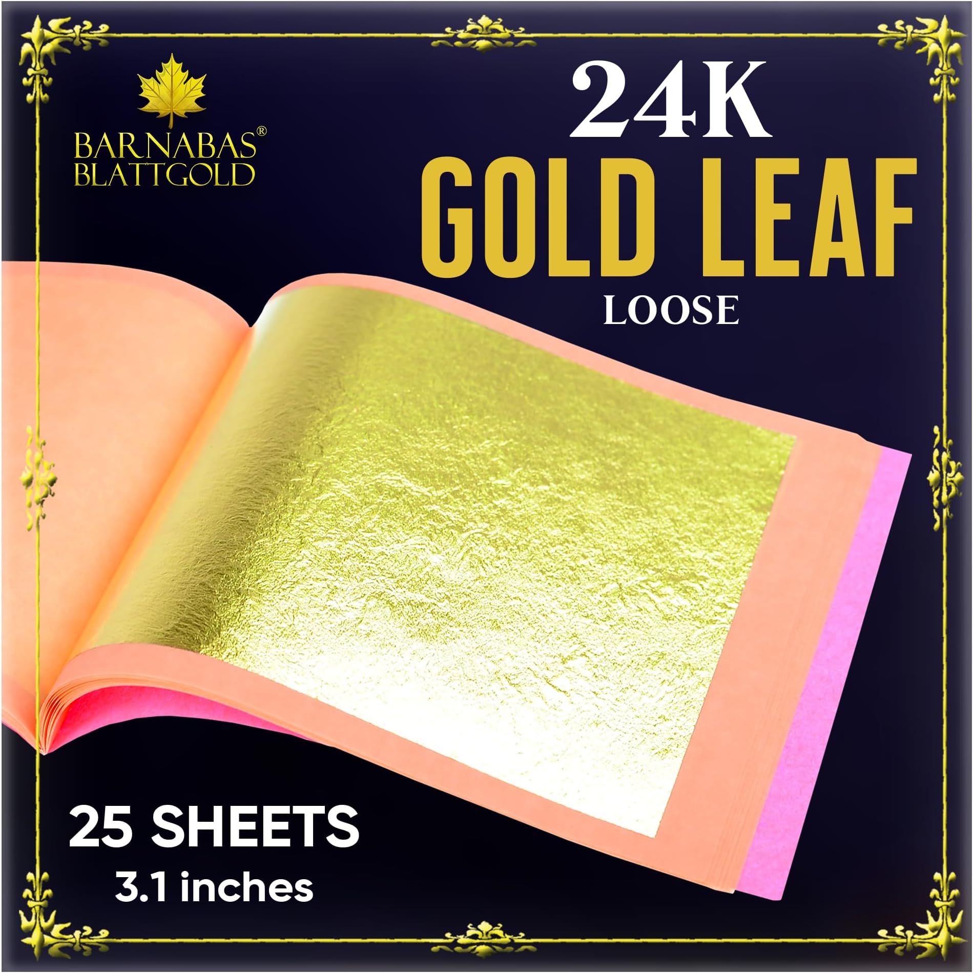 Barnabas Blattgold Gold Leaf -24K Real Gold [25 Sheets, 3.1 inches] - Loose Sheet for Painting, Arts and Crafts