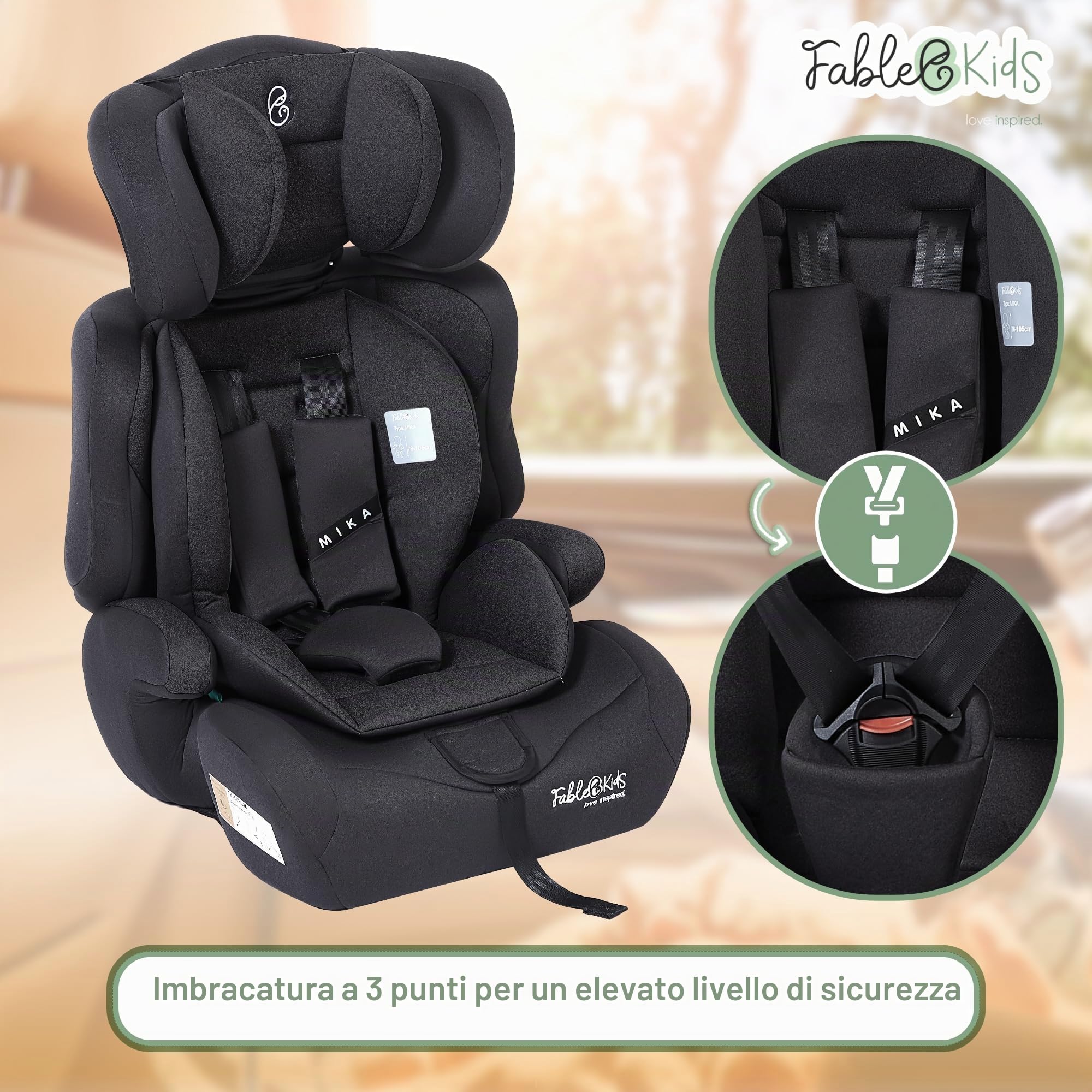 FableKids seggiolino auto per bambini | cintura di sicurezza a 3 punti | Seggiolino auto per bambini 76-150 cm | seggiolino regolabile con poggiatesta | ECE R129 | nero
