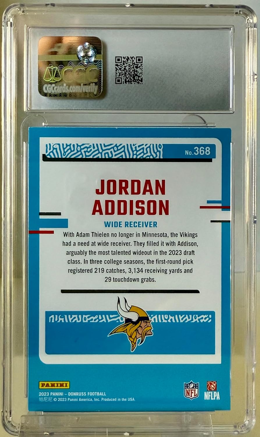 Jordan Addison CGC Graded 9 Mint Rated Rookie Collectible Football Card - 2023 Donruss Football Card #368 (Vikings)