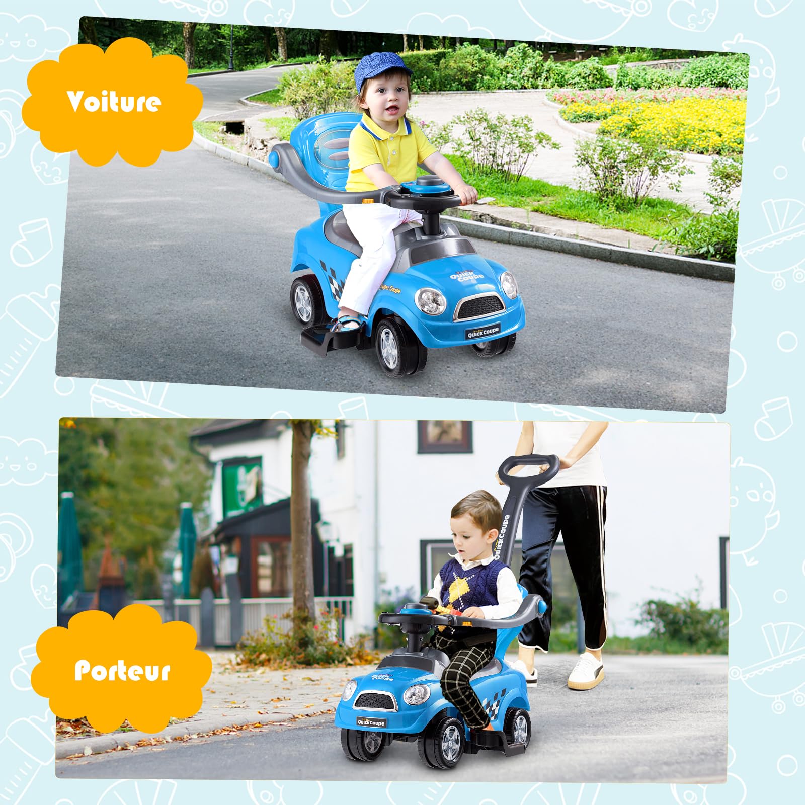 DREAMADE Voiture Enfant Porteur avec Barre de Sécurité Amovible & Anti-Basculement, pour 2-6 Ans (Bleu)
