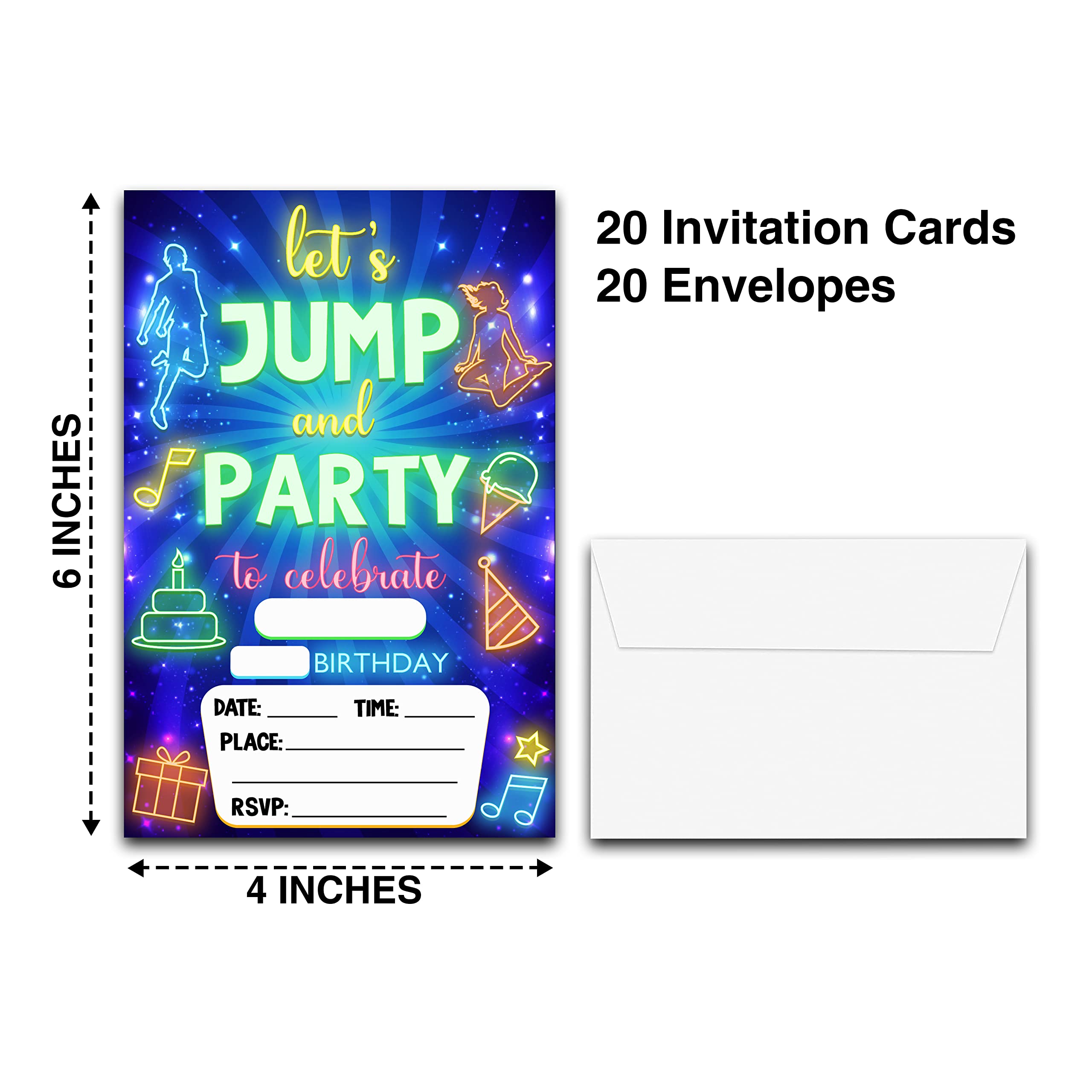DETIHO 10 cm x 15 cm trampolina kartki z zaproszeniami na przyjęcie urodzinowe z kopertami - Let's Jump and Part - zaproszenie na imprezę do domu - 20 zestawów - E19