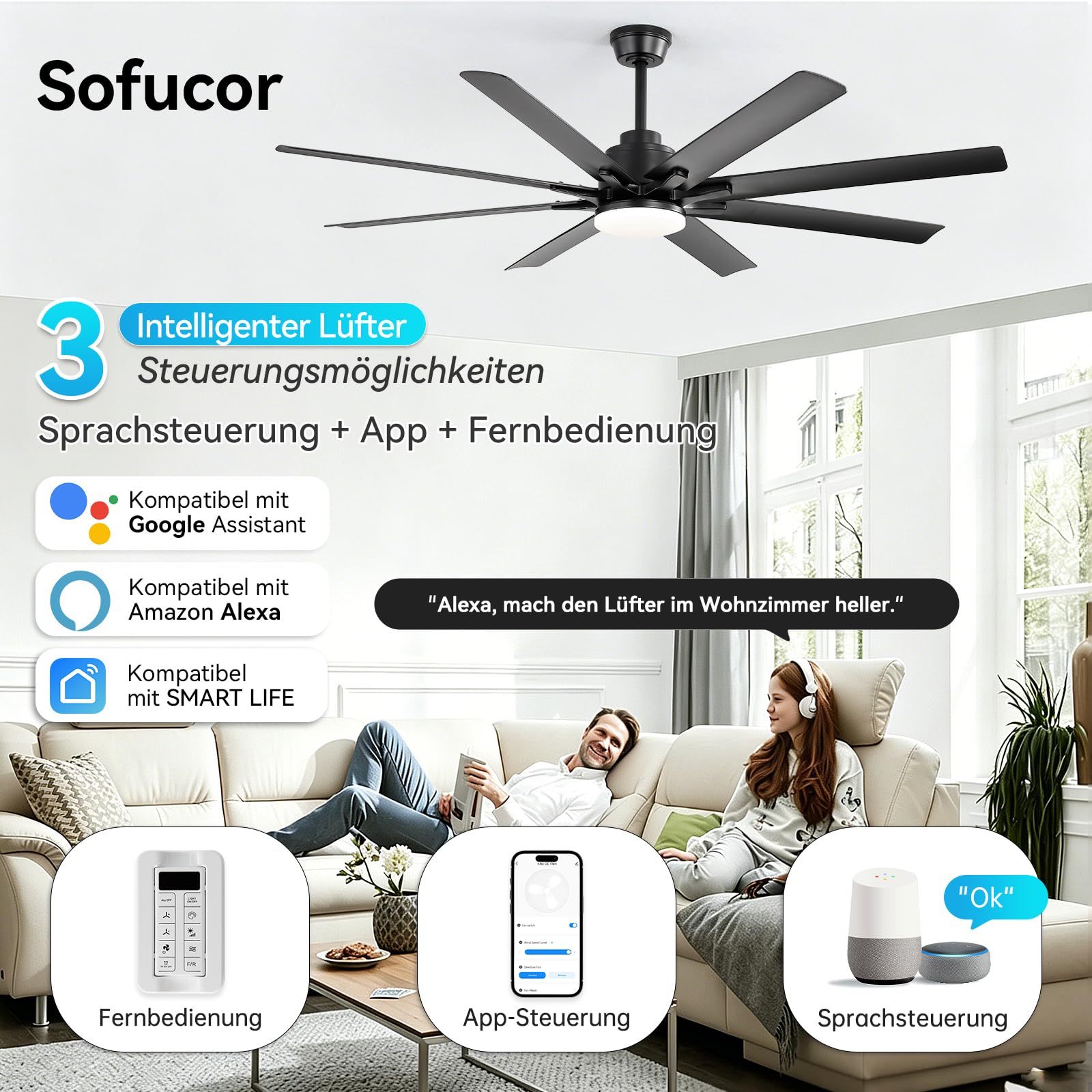 Sofucor Smart Deckenventilator mit Beleuchtung,132cm Leise Deckenventilator mit Licht, Alexa/APP, WiFi, Fernbedienung, DC, 3 Farbtemperatur, Timer, 6 Geschwindigkeiten, Sommer Winterbetrieb