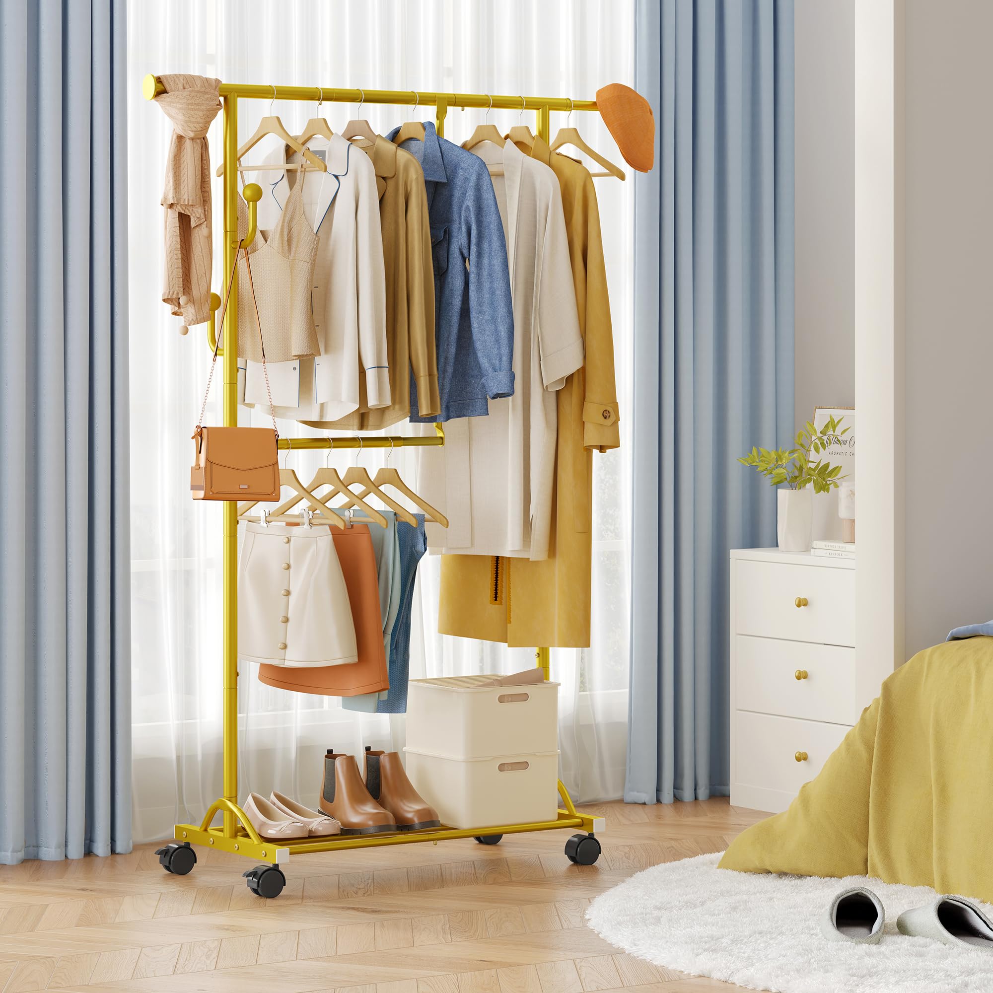 FAVOOSTY Stand Appendiabiti con Ruote, Attaccapanni Estensibile,Barra centrale regolabile, Doppia barra, (90-120) x 39,5 x160 cm, Facile montaggio,Oro