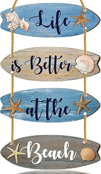 Wooden Surfboard Beach Decor Sign Beach Bathroom Decor Sign Summer Blue Nautical Coastal Wall Art with Seashells Starfish Rope Hanger Ocean Theme Hanging Ornament for Living Room Bedroom