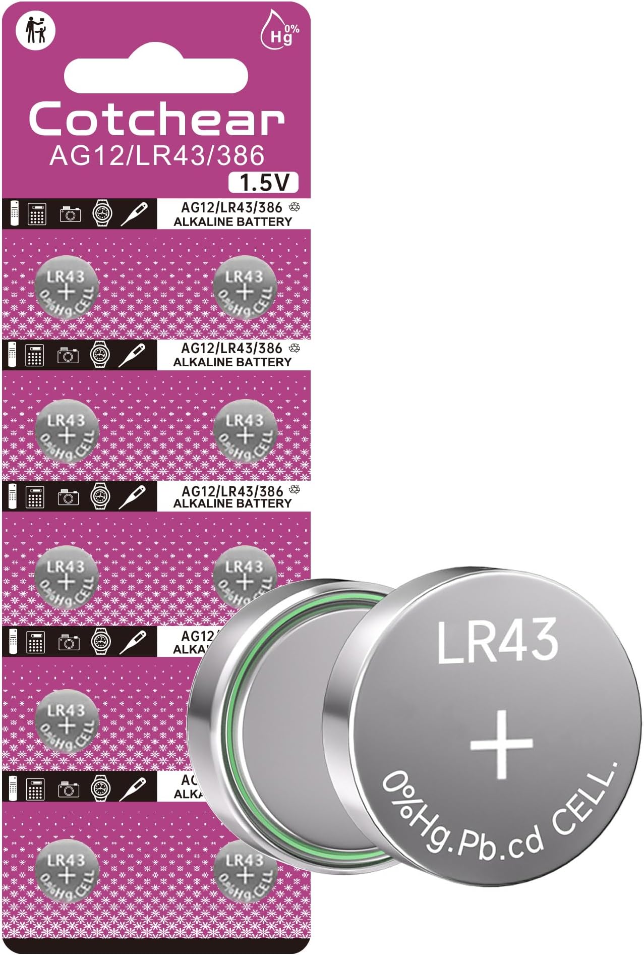 Cotchear 10pcs/Pack AG12 Coin Battery LR43 SR43 260 386 1.55V Alkaline Watch Batteries Coin Cell Battery
