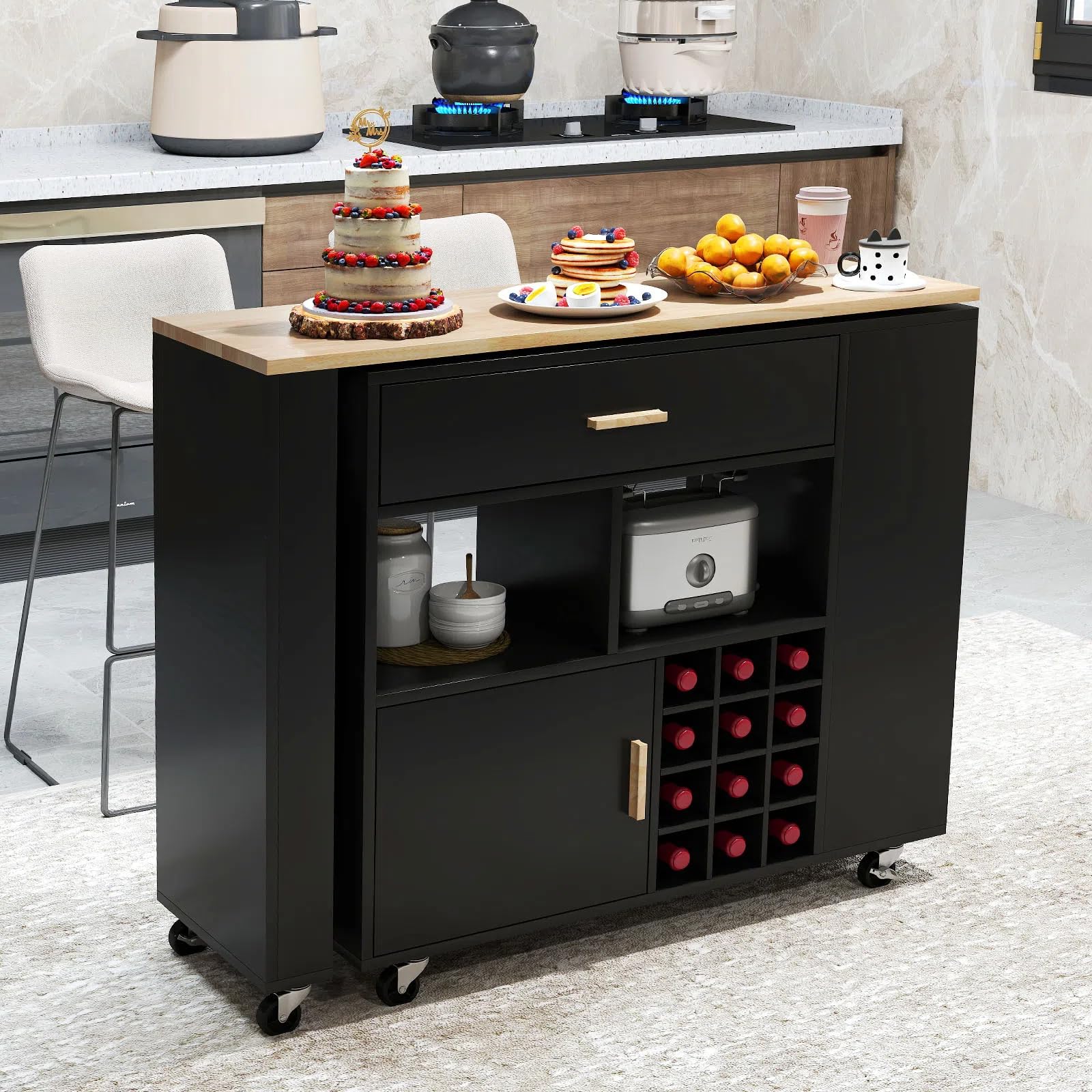 KOMFOTTEU Carro de Cocina con Encimera Giratoria, Isla de Cocina con Cajón, Botellero para 12 Botellas de Vino, Carrito Auxiliar con Estante Ajustable, Mueble Buffet para Comedor, Bar (Negro)