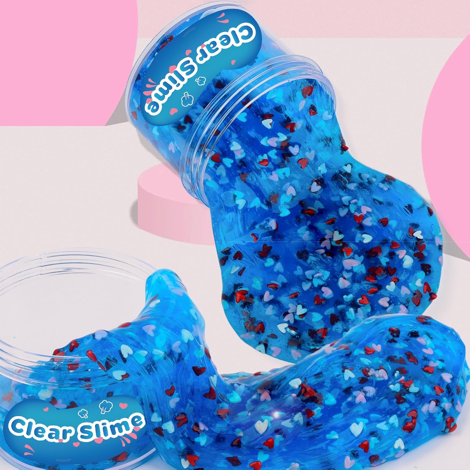 Blue Clear Slime Pink Heart Add Ins Scented Crystal Water Slime Big Soft Putty, Stress Relief Stretchy Toy for Girls Boys Kids Birthday Party Favors 7OZ 200ML
