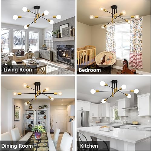 Vista 86 de DELIPOP Sputnik - Lámpara de techo Sputnik moderna de 4 luces negras y doradas, lámpara de techo E26 de metal industrial semiempotrada para Negro