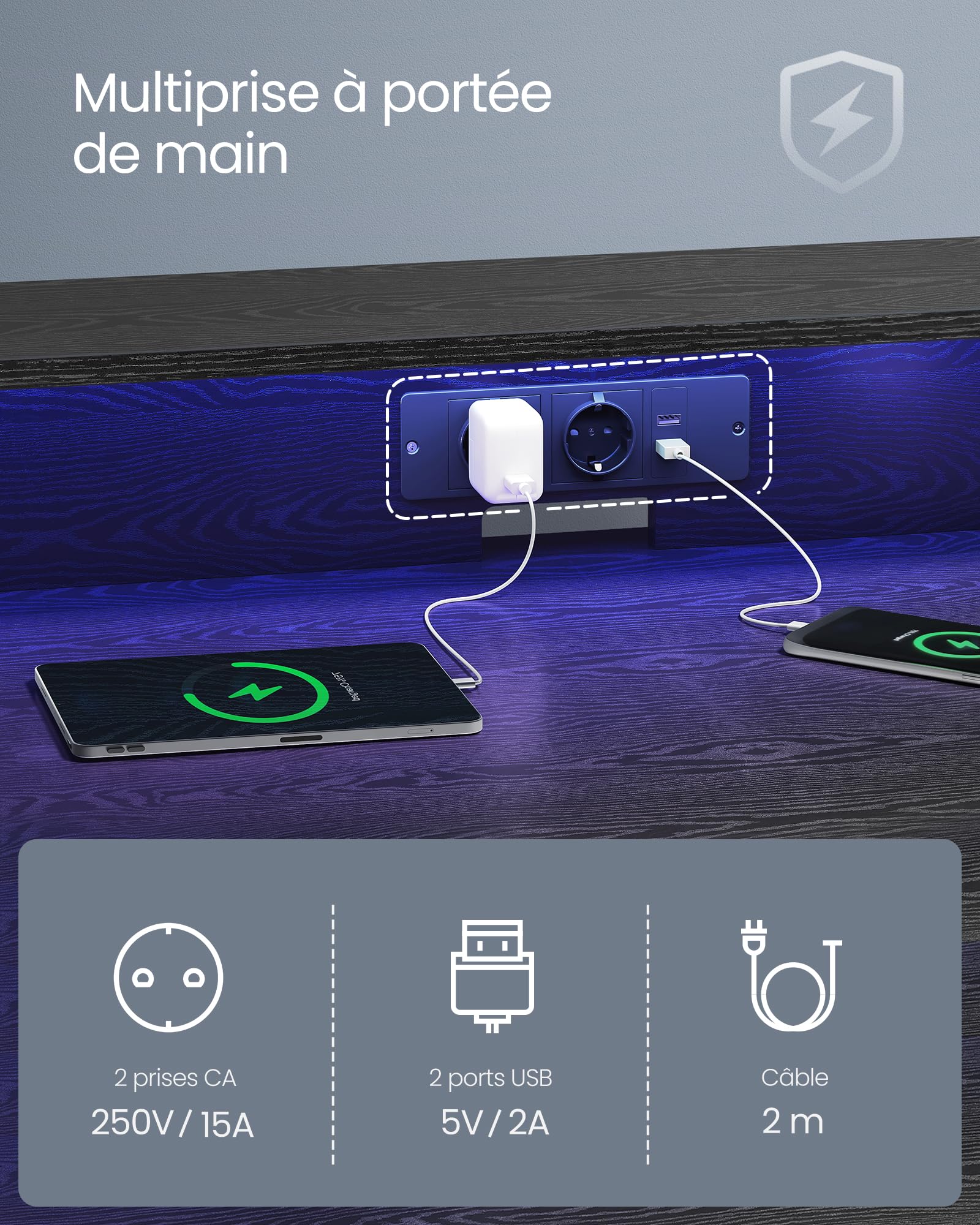 VASAGLE Bureau Gaming avec LED et Multiprise, Table Gamer, Bureau Informatique avec Rehausseur d’Écran, pour 2 Ordinateurs, pour Chambre, 60 x 120 x 76 cm, Noir Boisé LWD192B56
