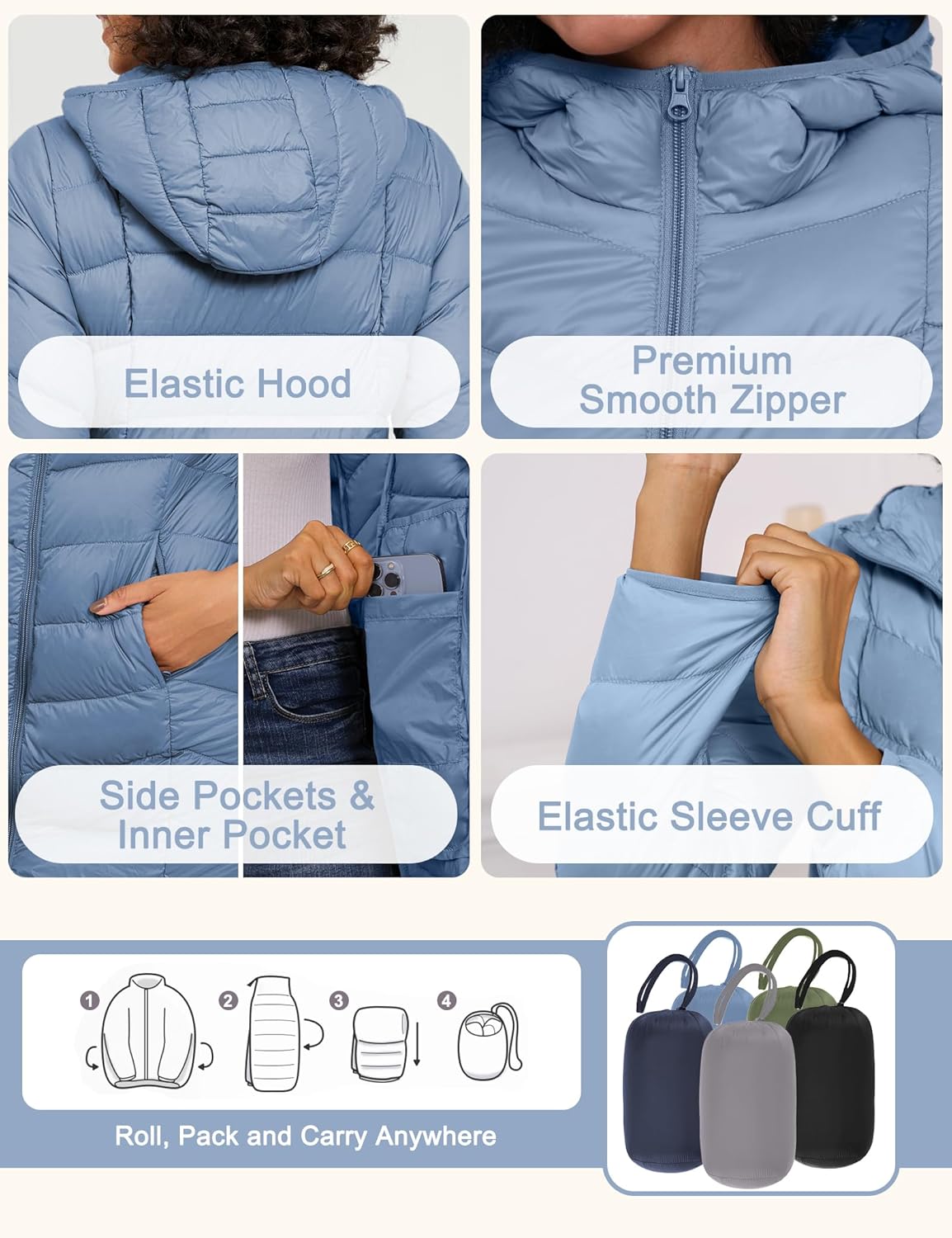 SLOW DOWN Women Lightweight Down Puffer Coat, Women Packable Hooded Mid-Length Winter puffer Jacket - Image 4