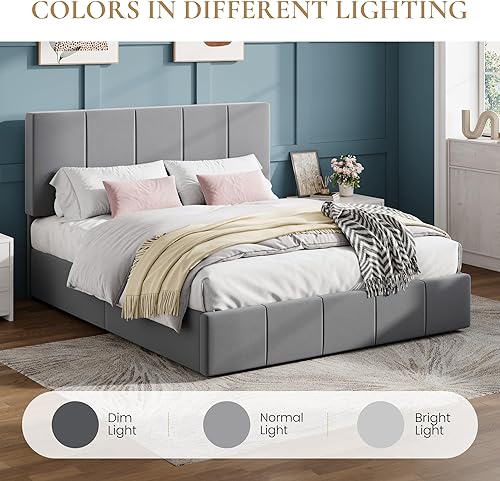 Miniatura 8 de SHA CERLIN - Marco de cama tamaño Queen tapizado en terciopelo, cama de plataforma con cabecera ajustable con canales verticales, marco de cama de