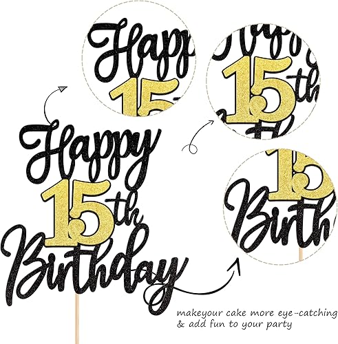 Miniatura 3 de 1 PIEZA Decoración Superior para Pastel Feliz Cumpleaños 15 Negro Dorado con Purpurina Brindis por 15 Años Selección de Pastel de Cumpleaños 15