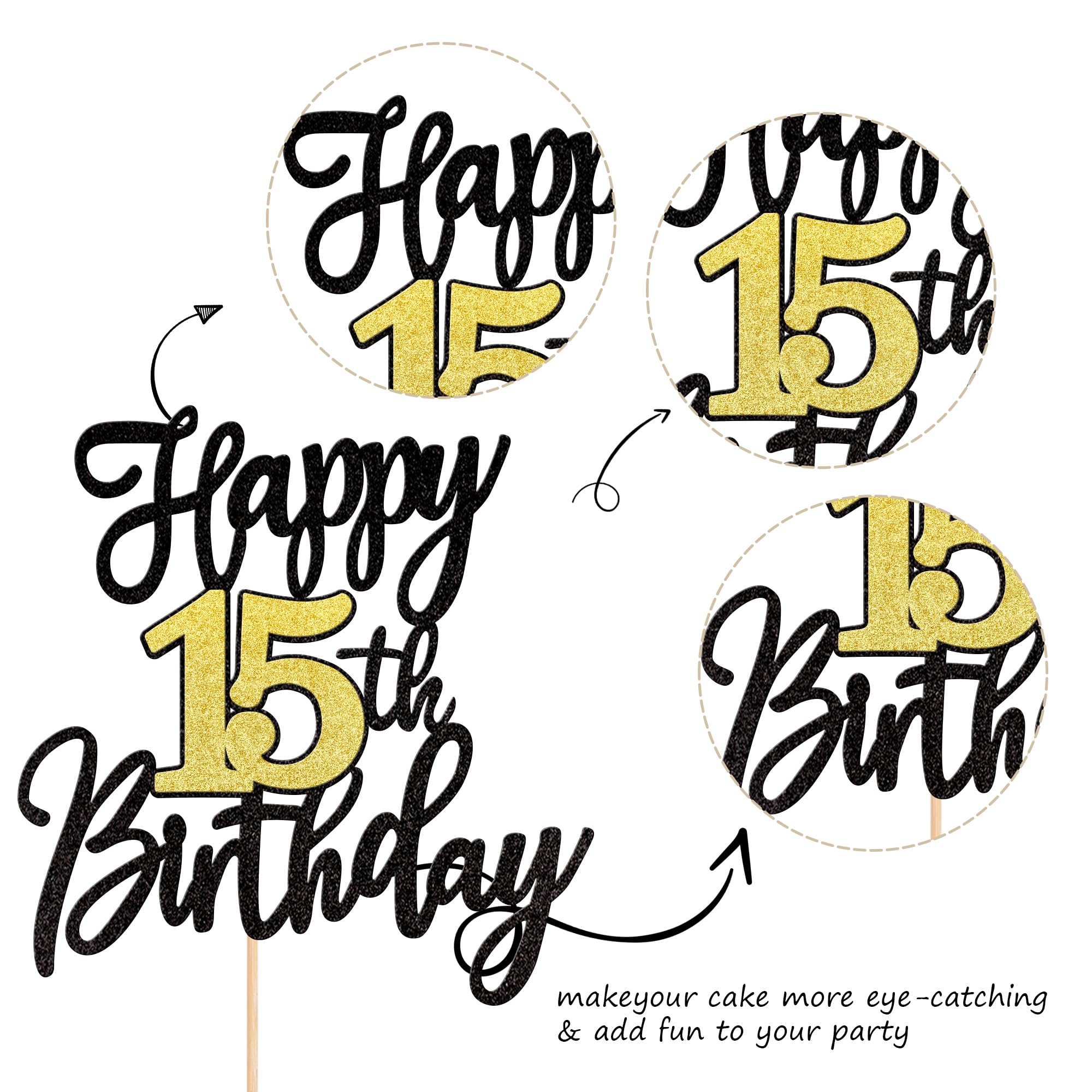 Rsstarxi Tortenaufsatz Happy 15th Birthday – 'Cheers To 15 Years', Kuchenpicker Nummer 15, Roségold, 15,5x22,9 Cm