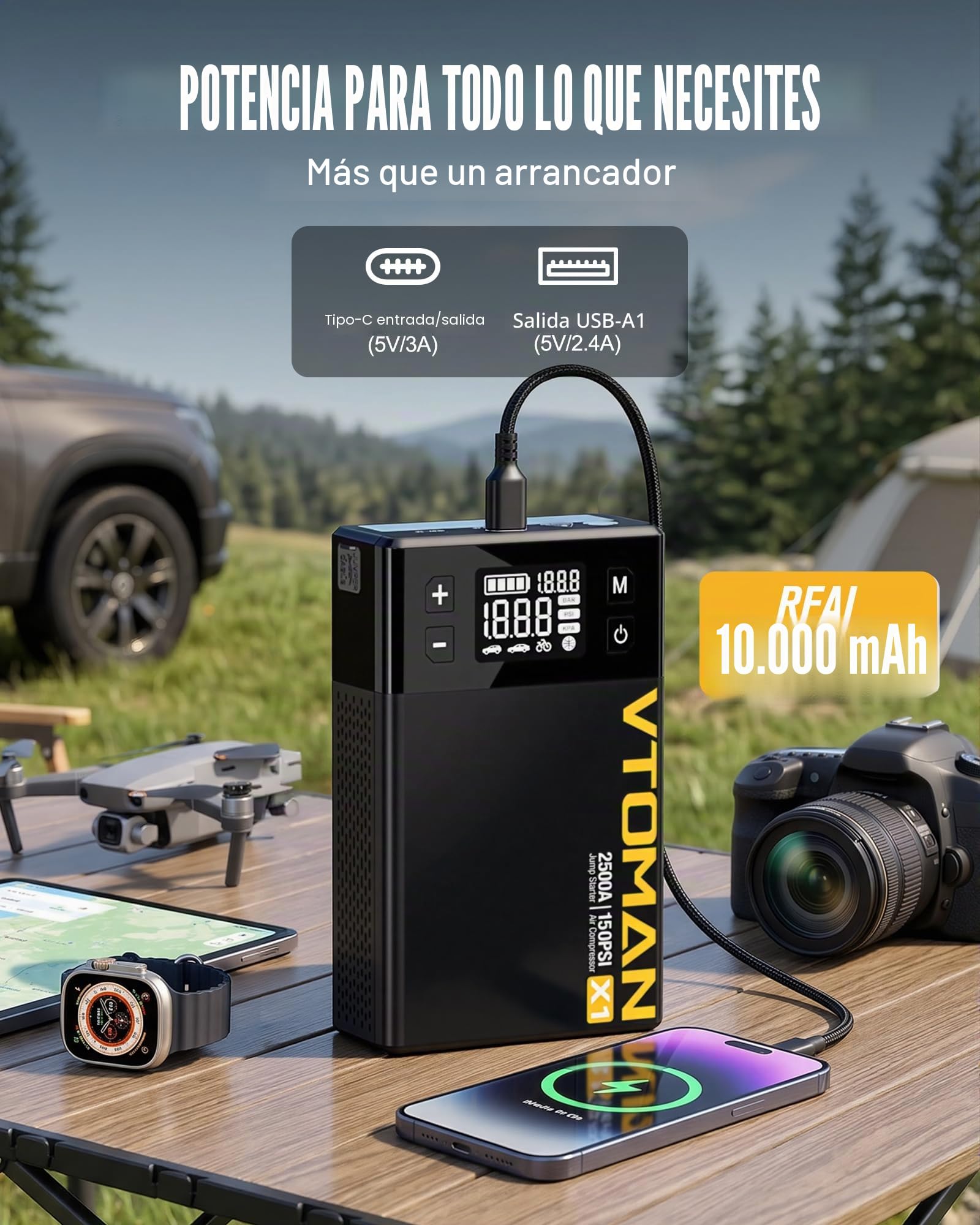 VTOMAN X1 - Paquete de energía de arranque con compresor de aire de 2500 A, arrancador de batería portátil de coche (hasta motores diésel de hasta 8.5 L/6.0 L) con inflador de neumáticos digital de