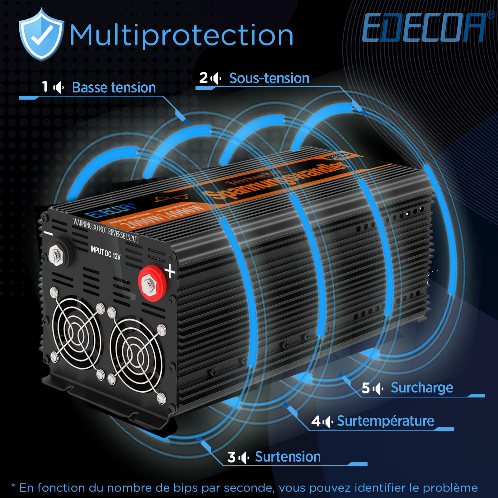 EDECOA Convertisseur Pur Sinus 12v 220v convertisseur 2500w Pur Sinus avec télécommande Convertisseur 12v 220v (2500w Nouvelle télécommande)