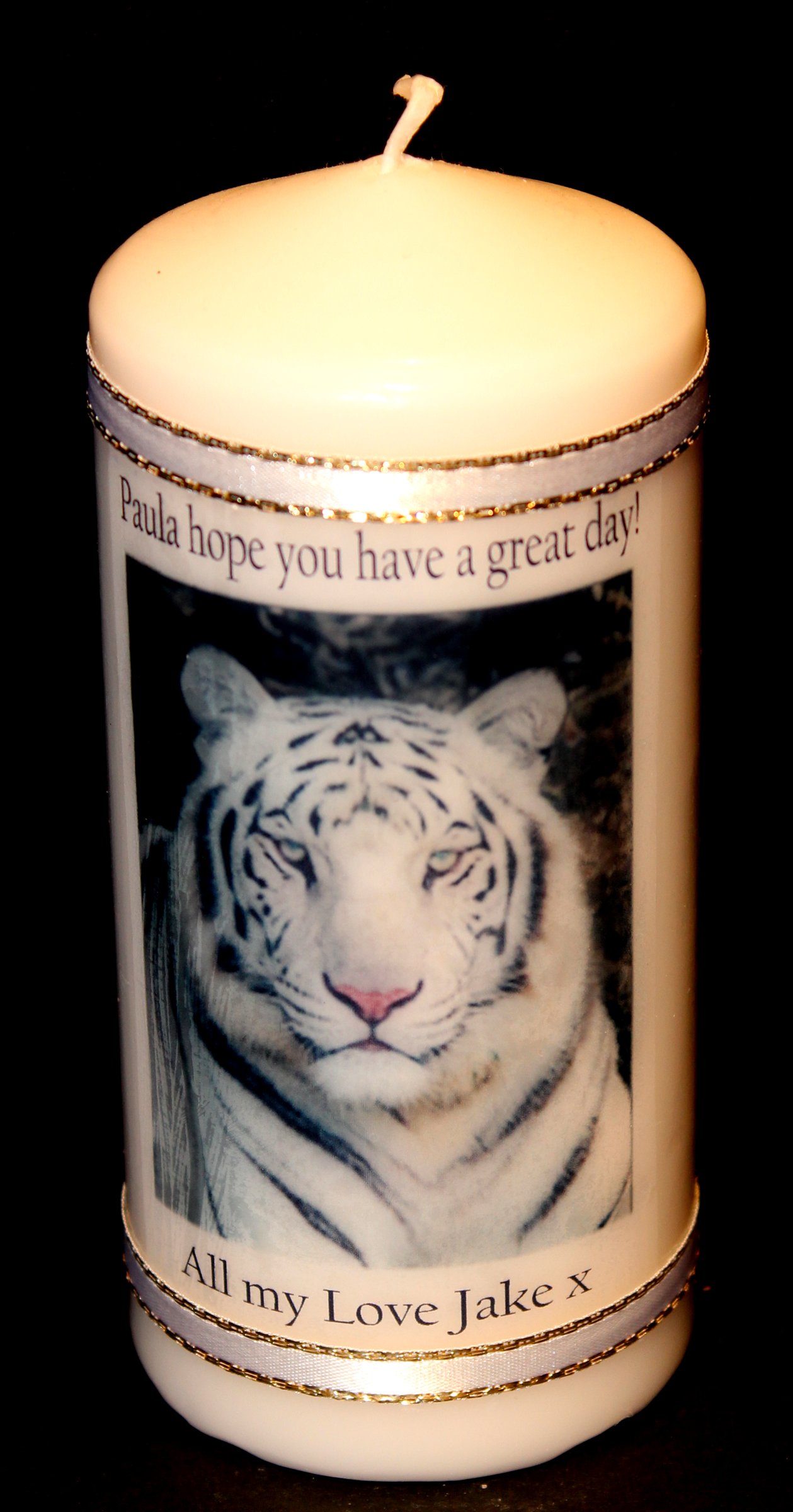 Cellini White Personalised Large Candle Card Gift, Tiger Image, Unique Keepsake Present