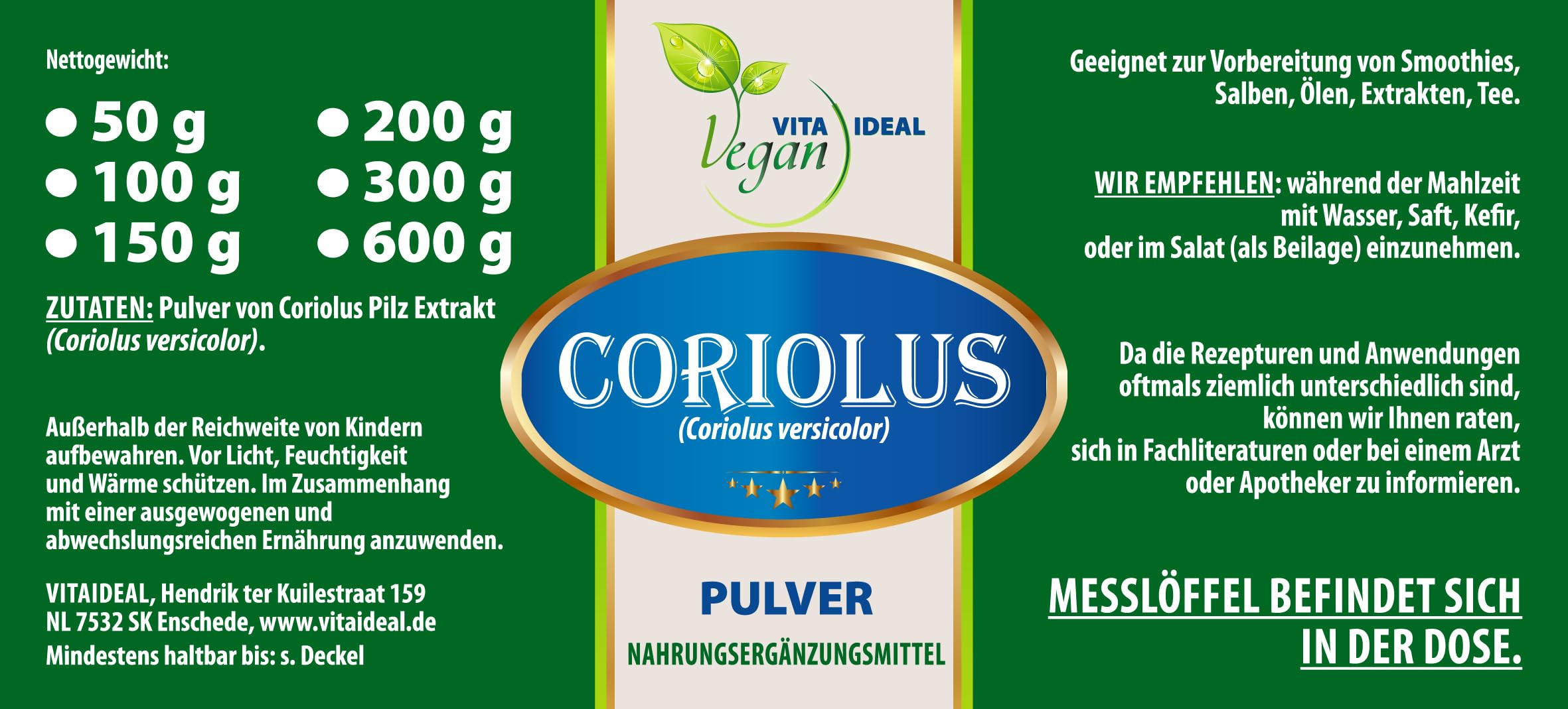 VITA IDEAL Vegan® Schmetterlings Tramente - Cori & Olus Pilz - Extrakt 100g PULVER - Natürlich, pflanzlich & ohne Zusatzstoffe, Inklusive 1ml Messlöffel.