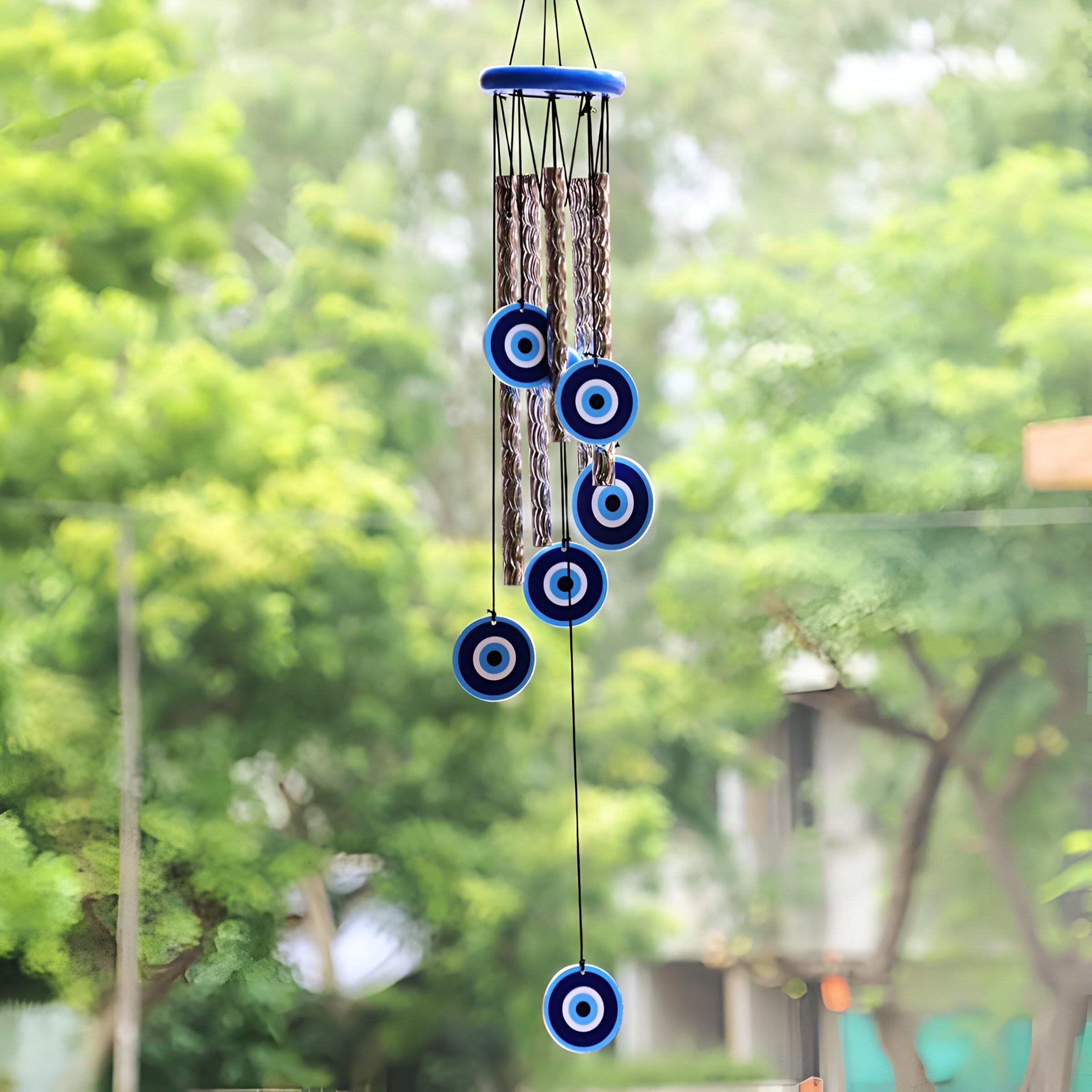 sculpmart Evil Eye Wind Chimes for Balcony & Positive Energy - 5 Metal Pipes with Nylon Thread & 6 Wooden Evil Eyes with Melody Sound for Relaxation and Calmness-image-4