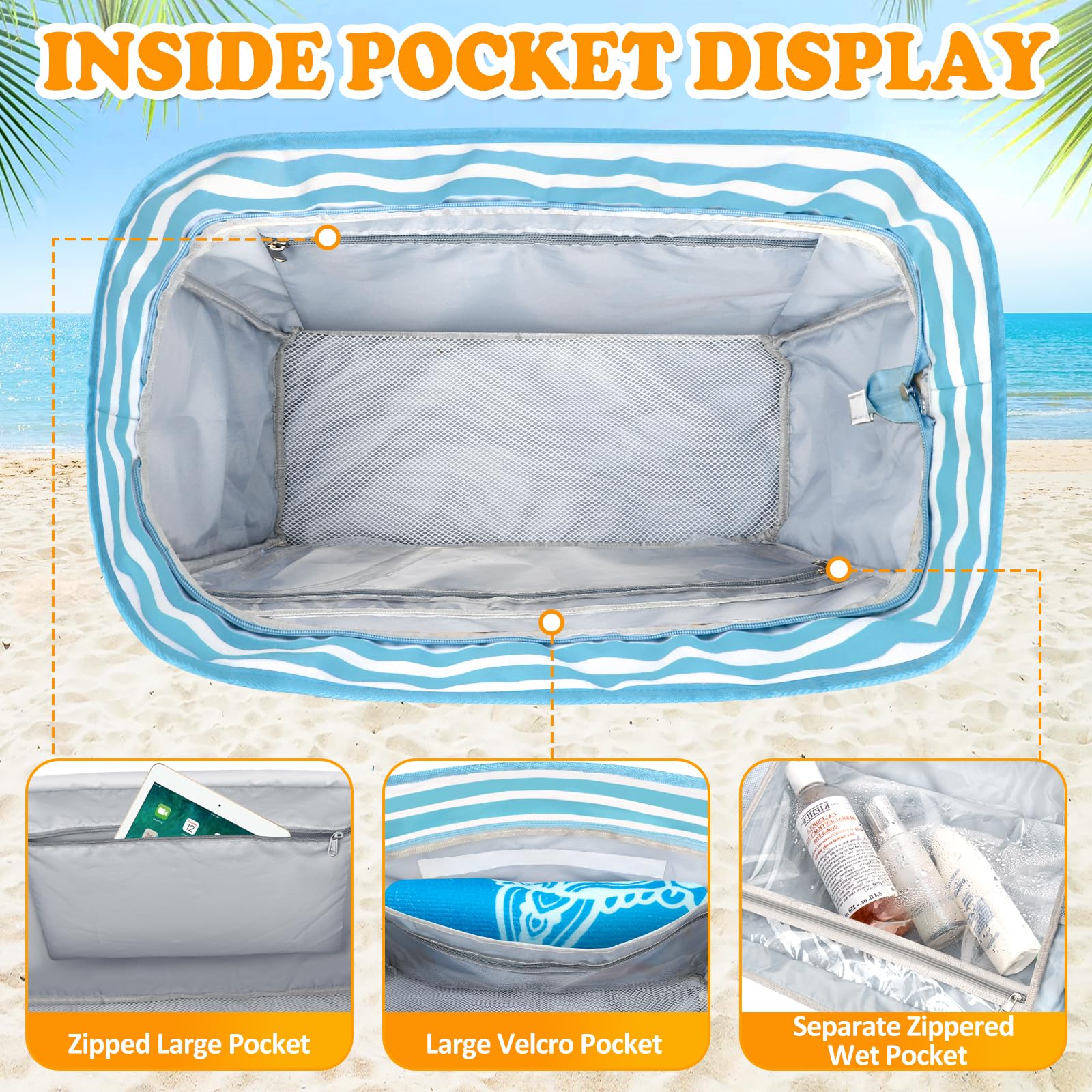 TEUEN Grand Borsa Mare con Zip Donna, 45L Borsa Mare XXL Famiglia con Zip Pieghevole Borsa da Spiaggia Impermeabile Borsa Beach Tote Bag per Piscina,Viaggio,Shopping,Vacanze