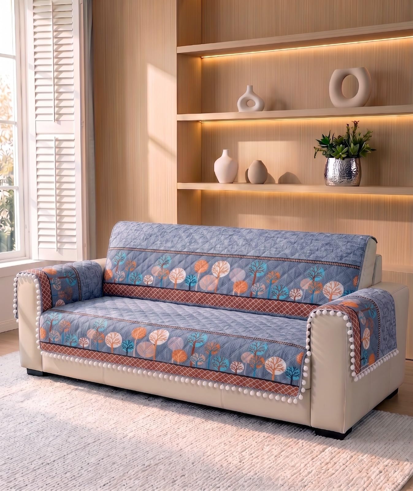 RD TREND® Quilted Velvet Sofa Cover 3 Seater Fully Covered (Seat+Back+Arm Covers) | Pom Pom with Anti-Skid Backing Sofa Protector Mat for Living Room | Grey Tree-image-25