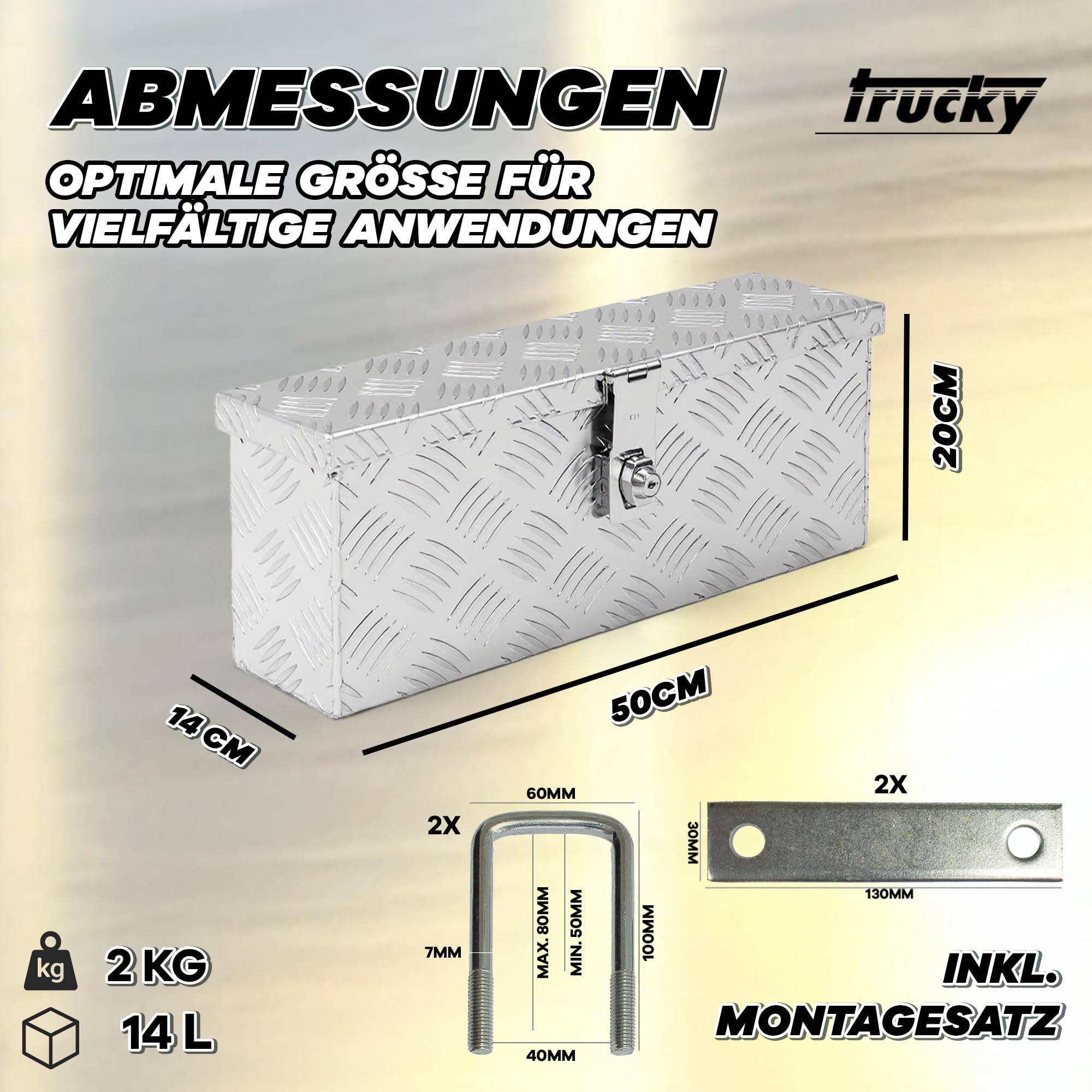 Trucky Truckbox aus Aluminium, Modell D015, 50x14x20cm, Abschließbar, Robustes Riffelblech, inklusive Montagesatz, Für Werkstatt, Auto, Hobby