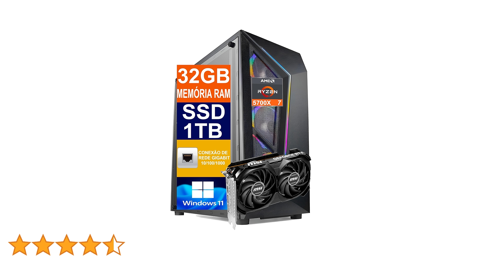 Pc Gamer Cpu Ryzen 7 5700X / SSD 1TB M.2 NVMe / 32GB Memória