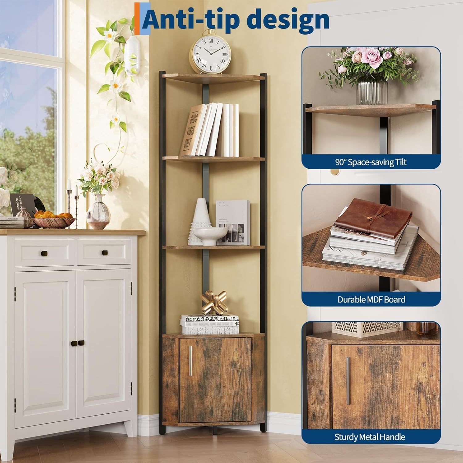 5 Tier Corner Shelf - 57" Tall Corner Cabinet Stand with Storage, Space-Saving Corner Bookshelf for Living Room & Bedroom | Brown Corner Shelf, Modern Corner Organizer