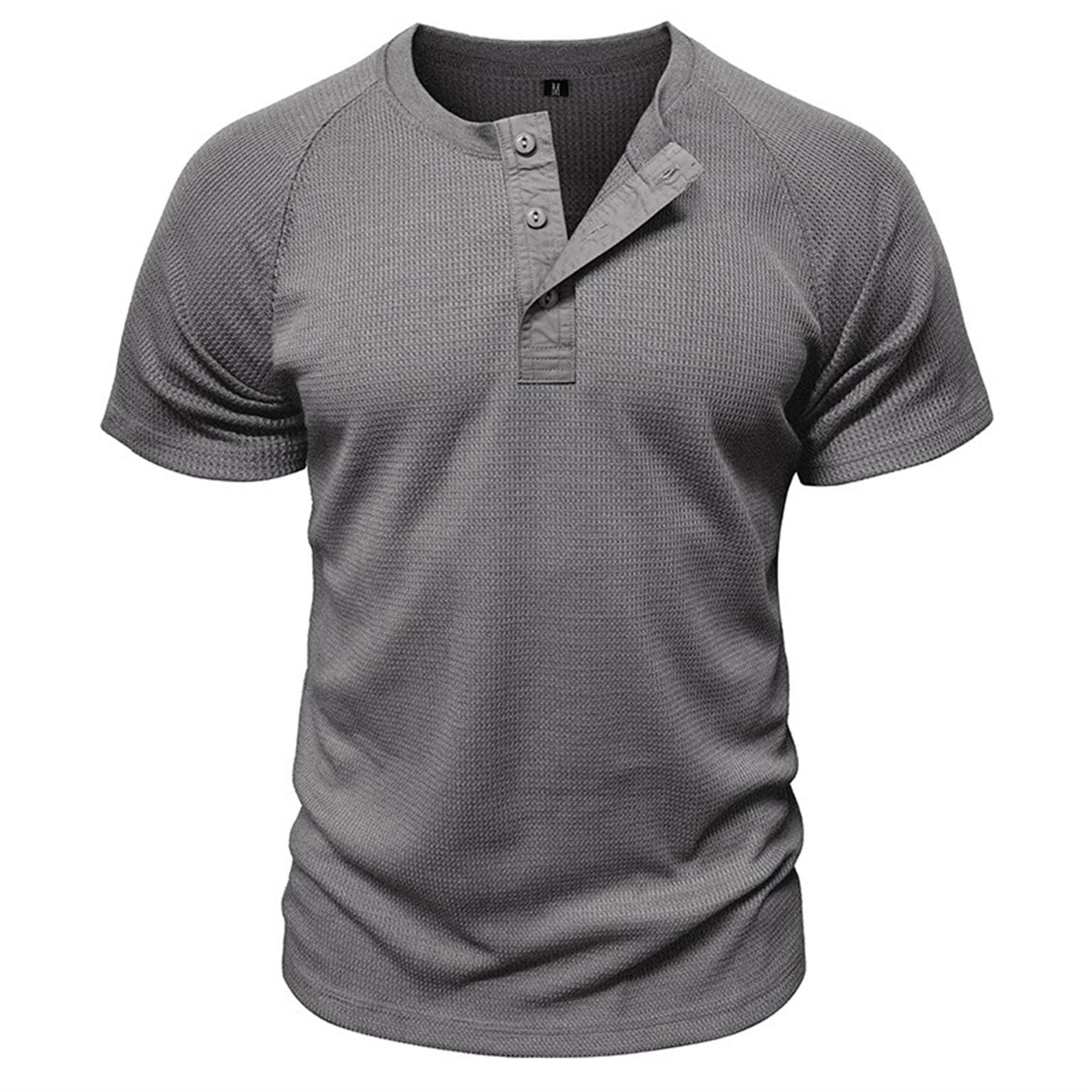Men Quarter Button Waffle Henry Shirts Round Collar T Shirt for Business Work Summer Loose Trendy Pullover Tops (Dark Grey,Large)