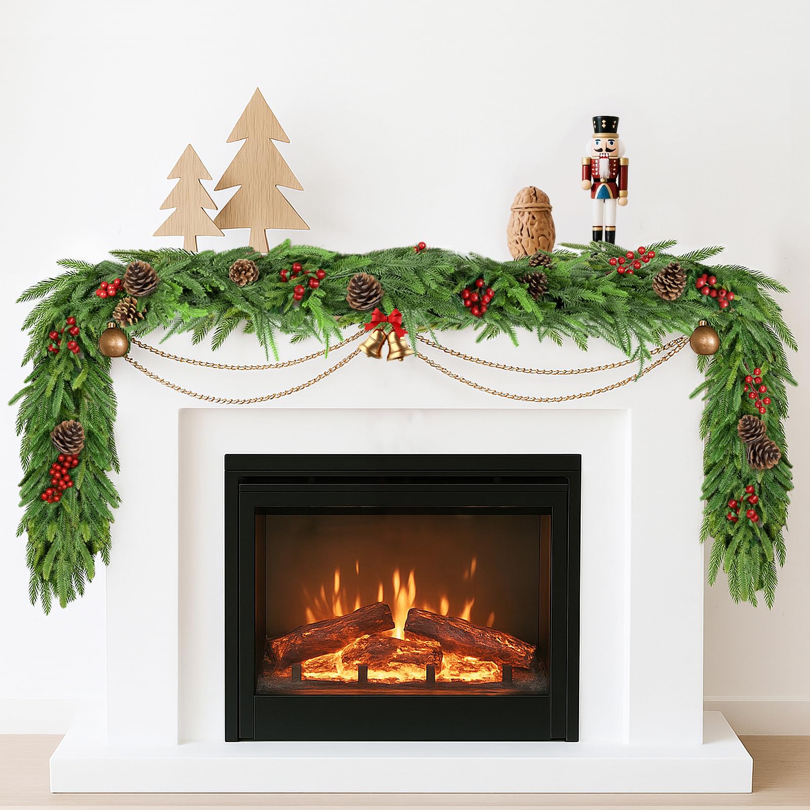 Christmas Norfolk Pine Garlands for Home: 6ft Artificial Xmas Garlands for Home Decoration Stairs Table Fireplace Banister (9FT Red fruit and pine cones)