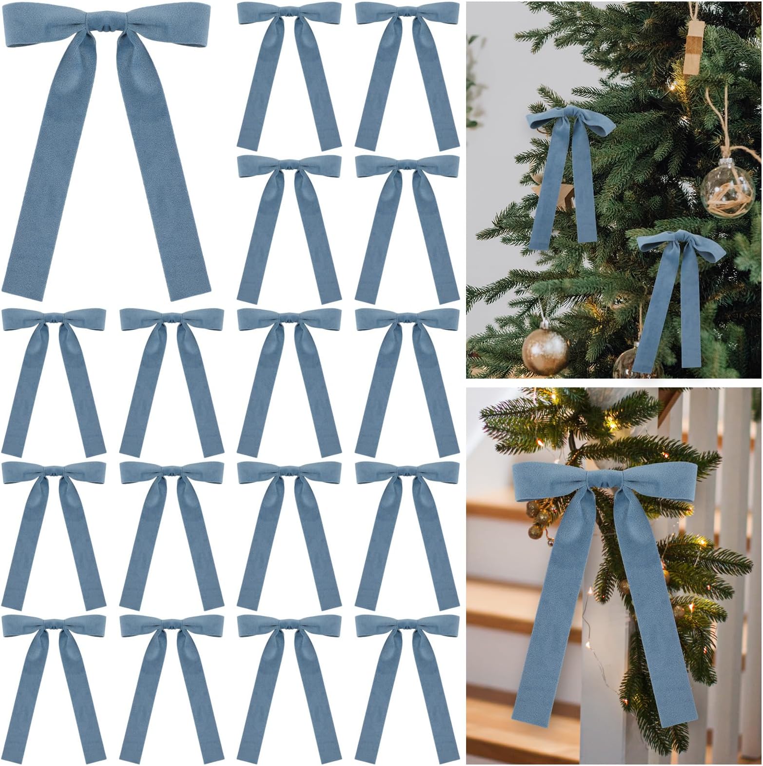24 Pcs Velvet Bows Christmas Tree Ornaments Vintage Double Faced Velvet Ribbon Bows for Tree Garland Wreath Indoor Outdoor Xmas(5 x 7 Inch, Width of 1",Dusty Blue)
