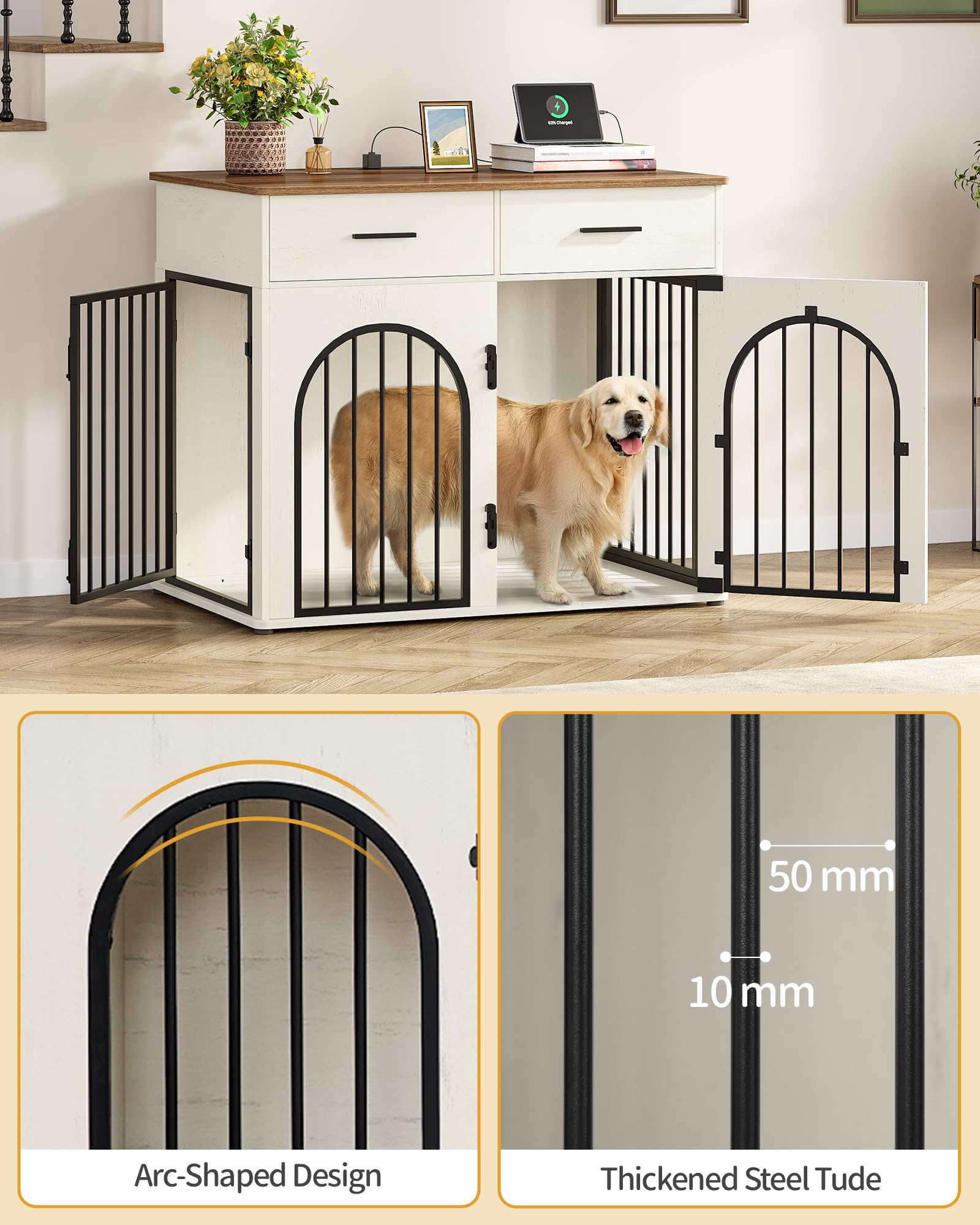 Hzuaneri 110 cm Cage pour Chien avec 2 Tiroirs de Rangement, Meuble Cage pour Chien d'intérieur avec Station de Charge, Heavy Caisse en Bois pour Chiens de Taille Grande, Blanc et Marron DFC88214BEU
