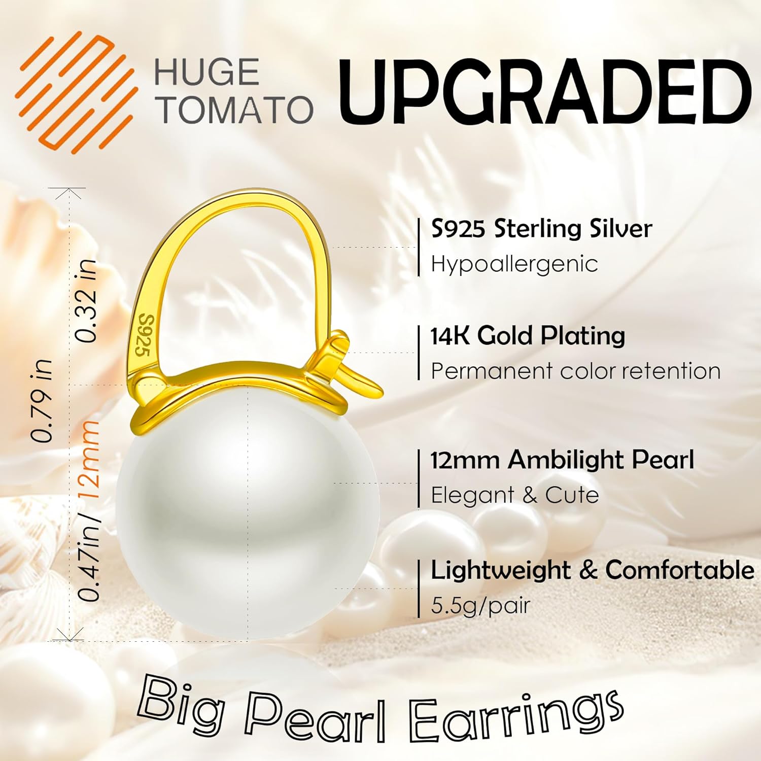 HUGE TOMATO Elegant 925 Sterling Silver Pearl Drop Earrings for Women, 14K Gold Plated Dangle Stud Earrings, Hypoallergenic Large Pearl Hoop Earring dangling 12mm - Image 3