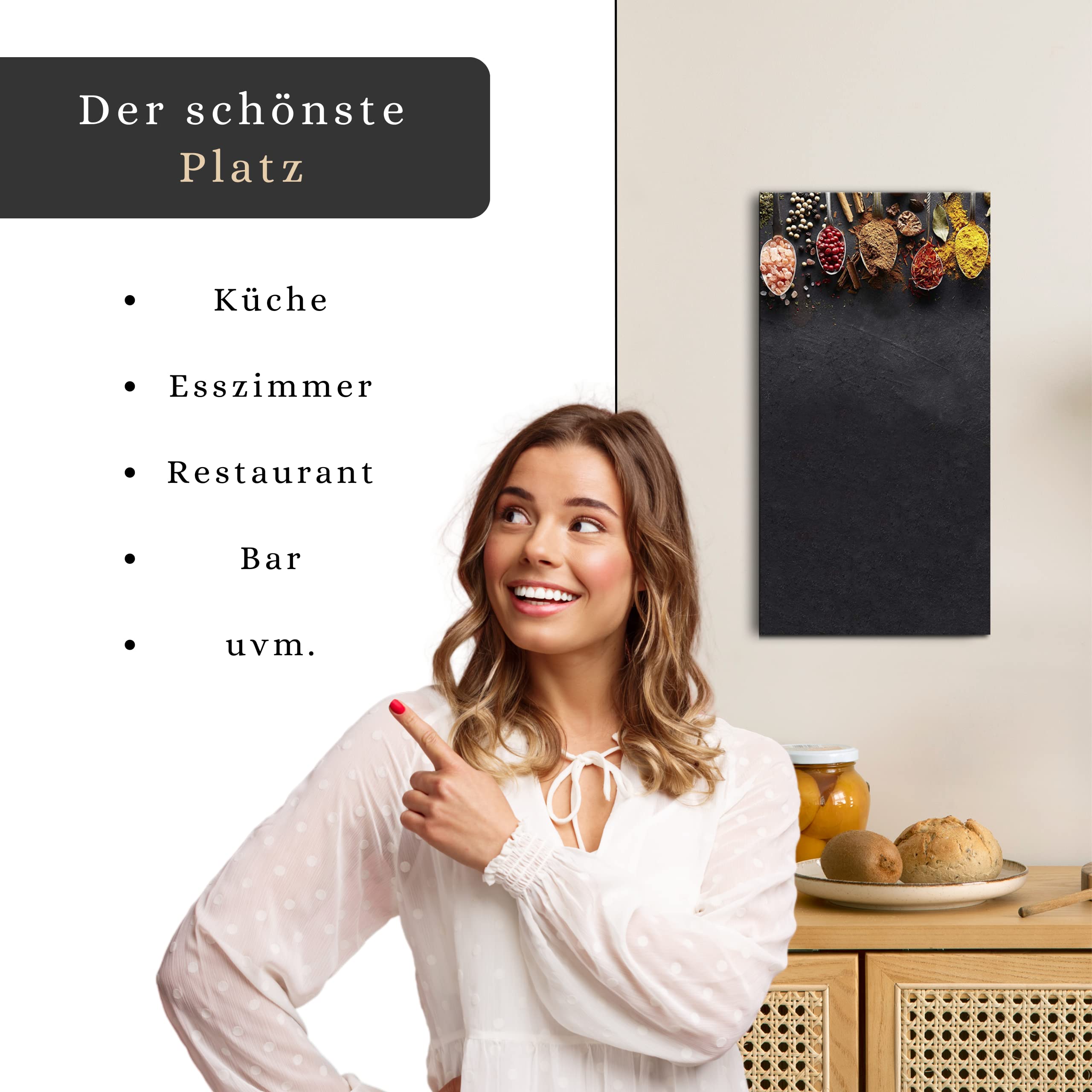 Memoboard Magnettafel Magnetpinnwand Magnetboard | Magnetwand hochkant zum Beschriften | Glas Küche rot schwarz Gewürze Küchenbild | nur für extra starke Magnete geeignet | Dark Spoons, L (30 x 60 cm)