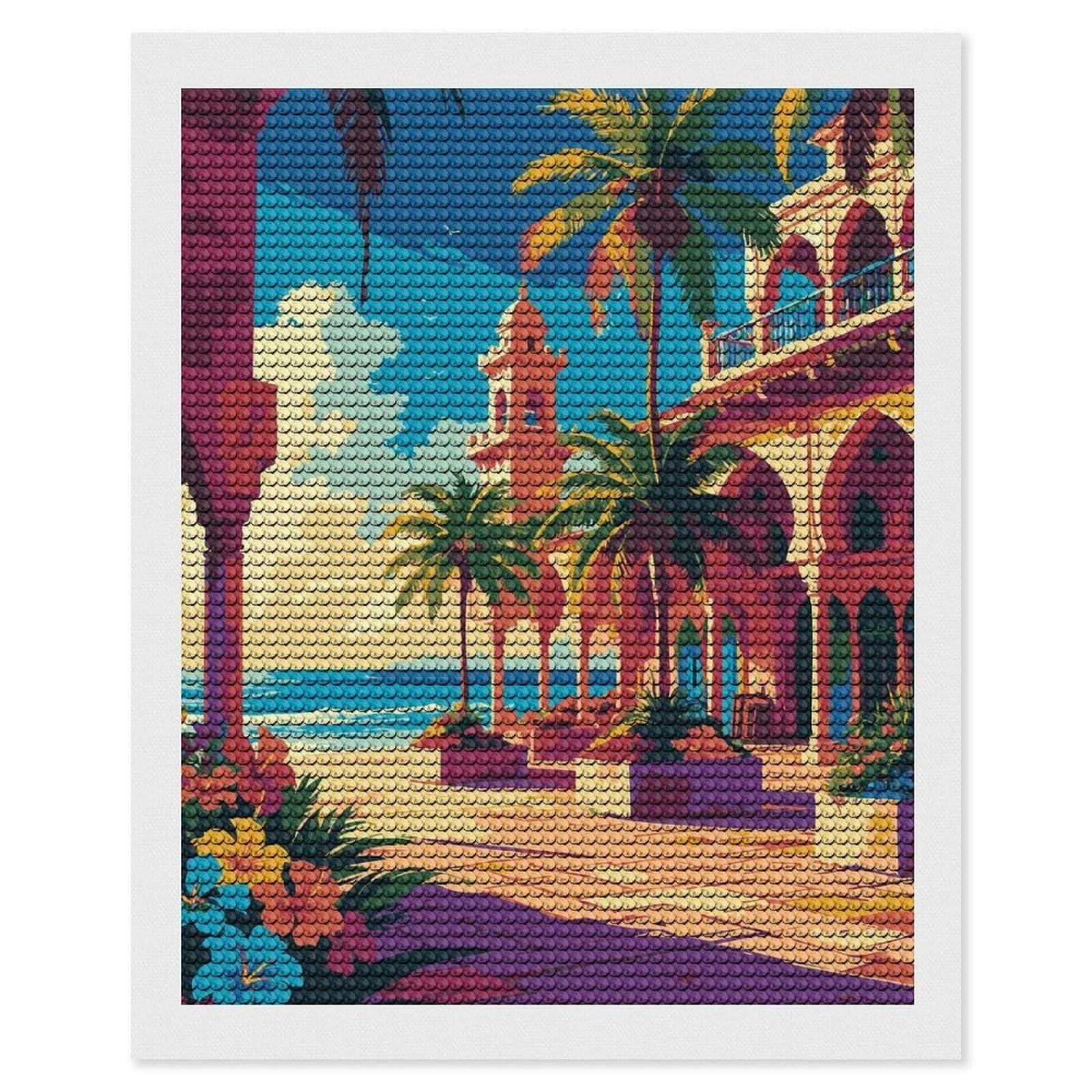 Junmoney Tropical Beach Resort Illustration Diamond Painting Canvas Kit 16"x20", Round Gems, Living Room Decor, Seasonal Gift Choice, Modern Decor