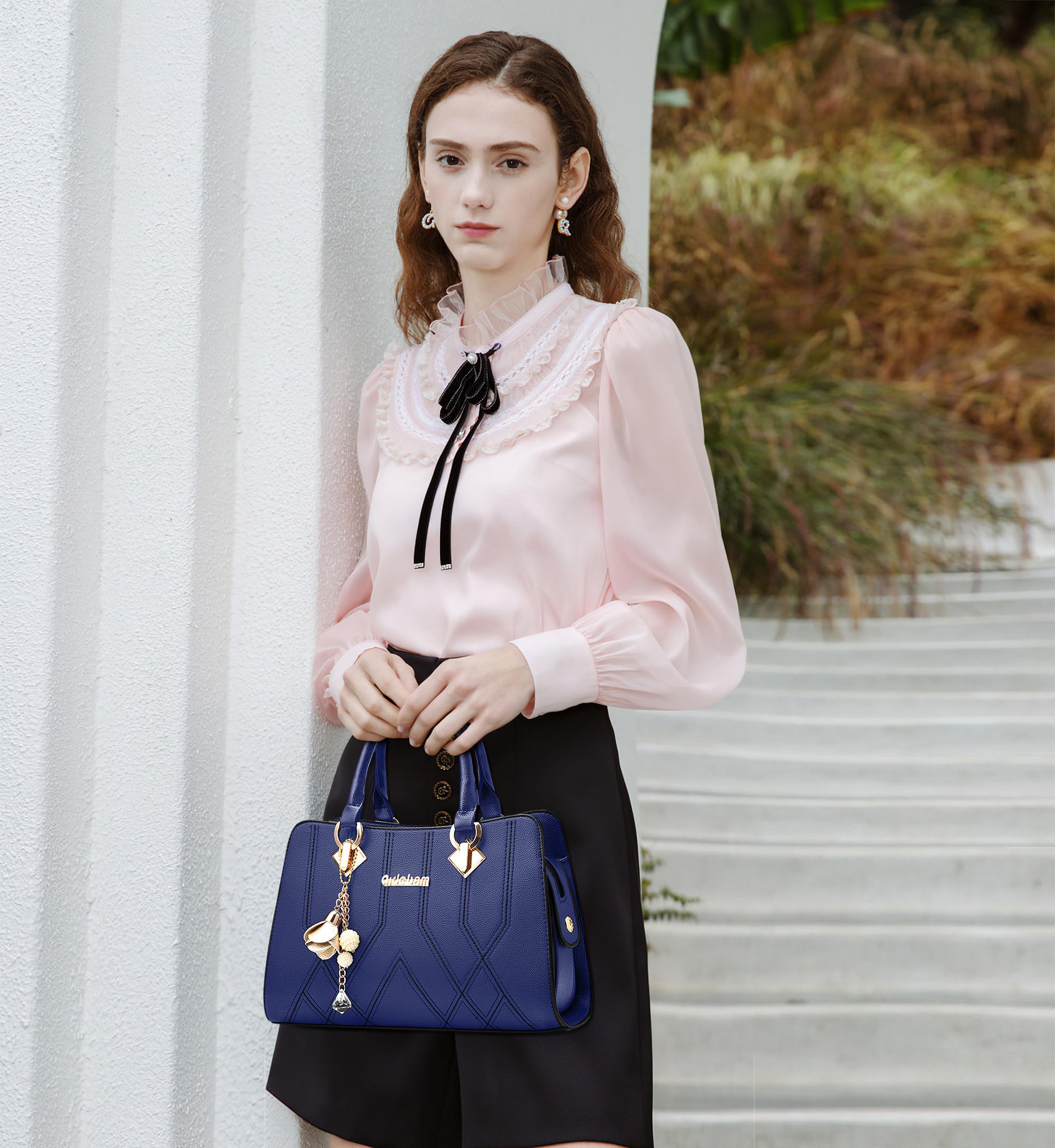 Moda Bolsa de Mujer Elegante Bolso de Mano Colgante de Flores Señoras Bolso Bandolerade Bolso de Hombro Cuero PU Shopper Bolsos Tote para Viajar Trabajo Negocio Citas Azul