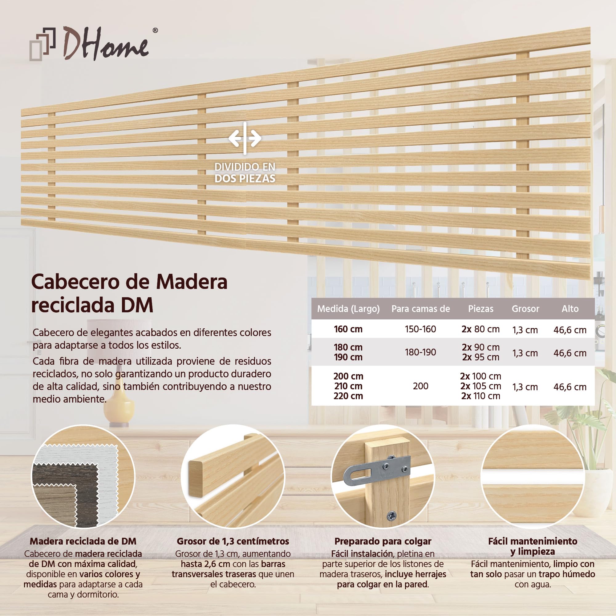 DHOME Cabecero de Madera reciclada DM Estilo Japones Cama Palets Herrajes incluidos (180cm Dual, Madera Natural)