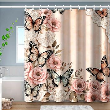 Butterfly Shower Curtain Butterfly Floral Shower Curtain, Spring Theme Bathroom Decor, Waterproof Polyester Fabric Bath Curtain, Insulated Washable Home Bathroom Curtain 72x72 Inches